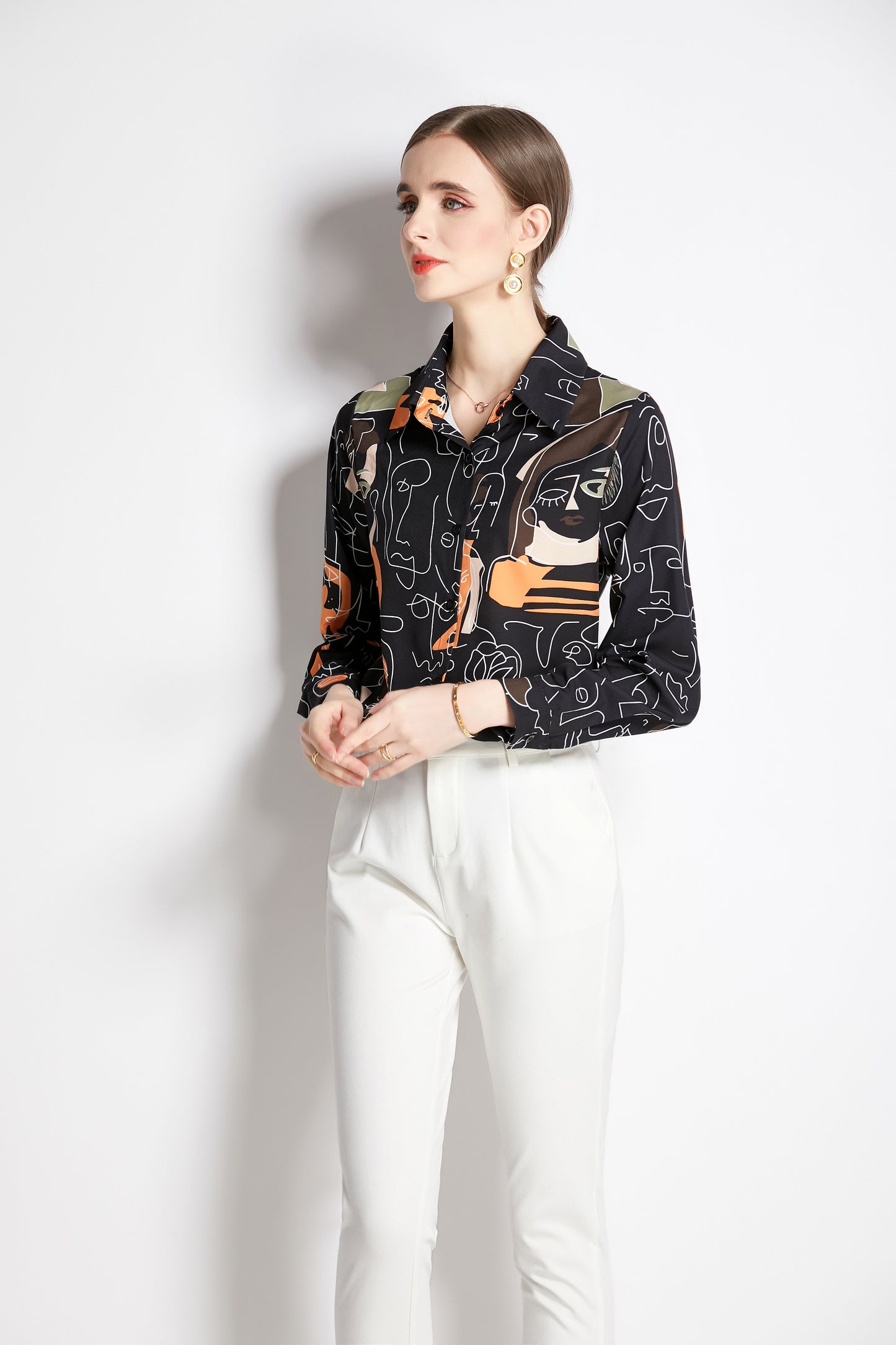 ESY-Women's Long Sleeve Lapel Collar Print Button Blouse - LAI MENG FIVE CATS
