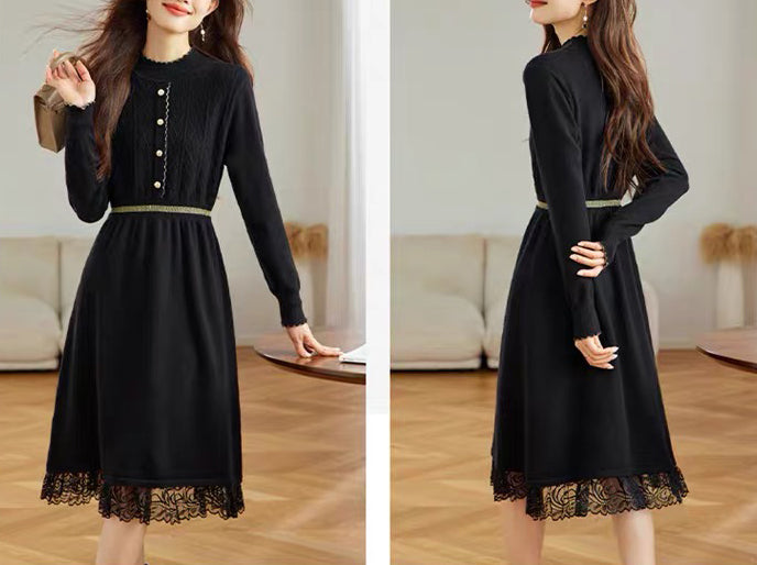 Women's Turtleneck Sweater Knit Lace Trim Midi Dress