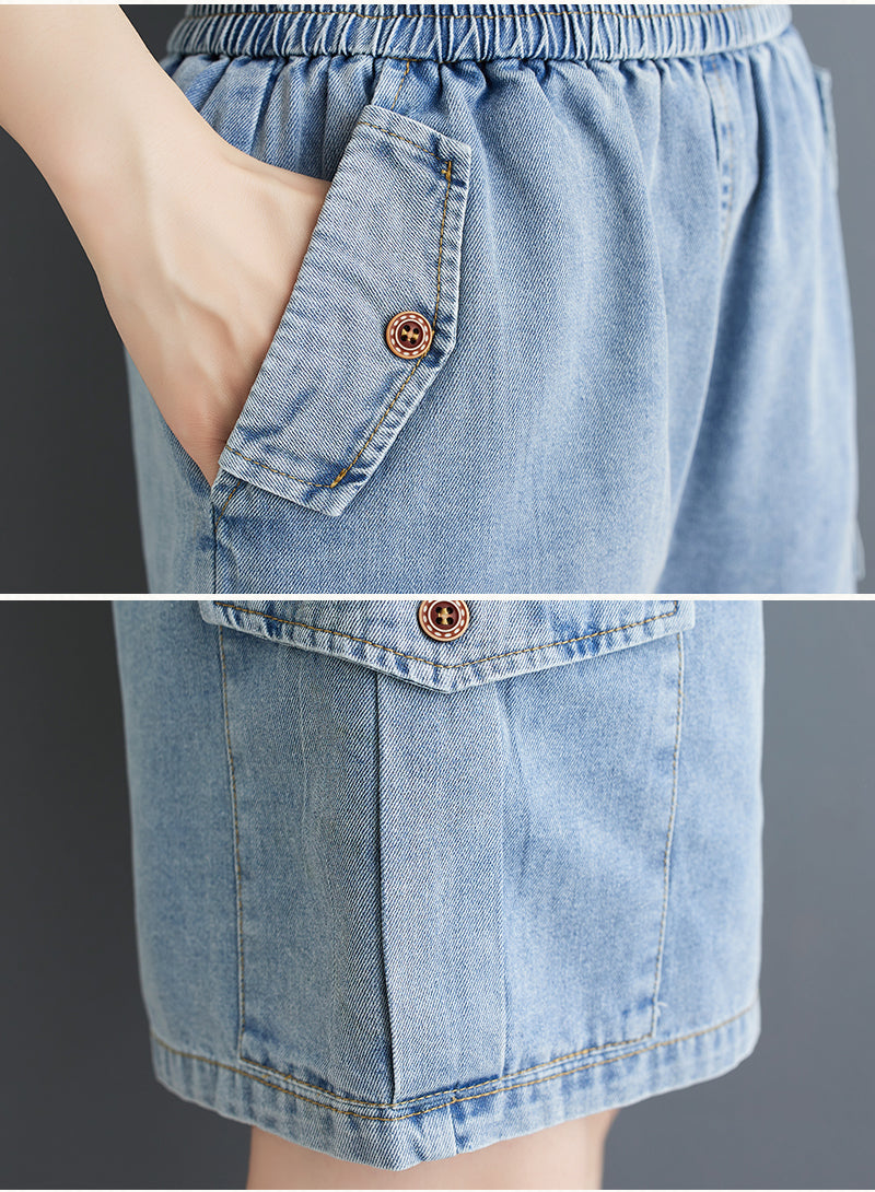 Women's High Waisted Baggy Jean Wide Leg Denim Shorts - LAI MENG FIVE CATS