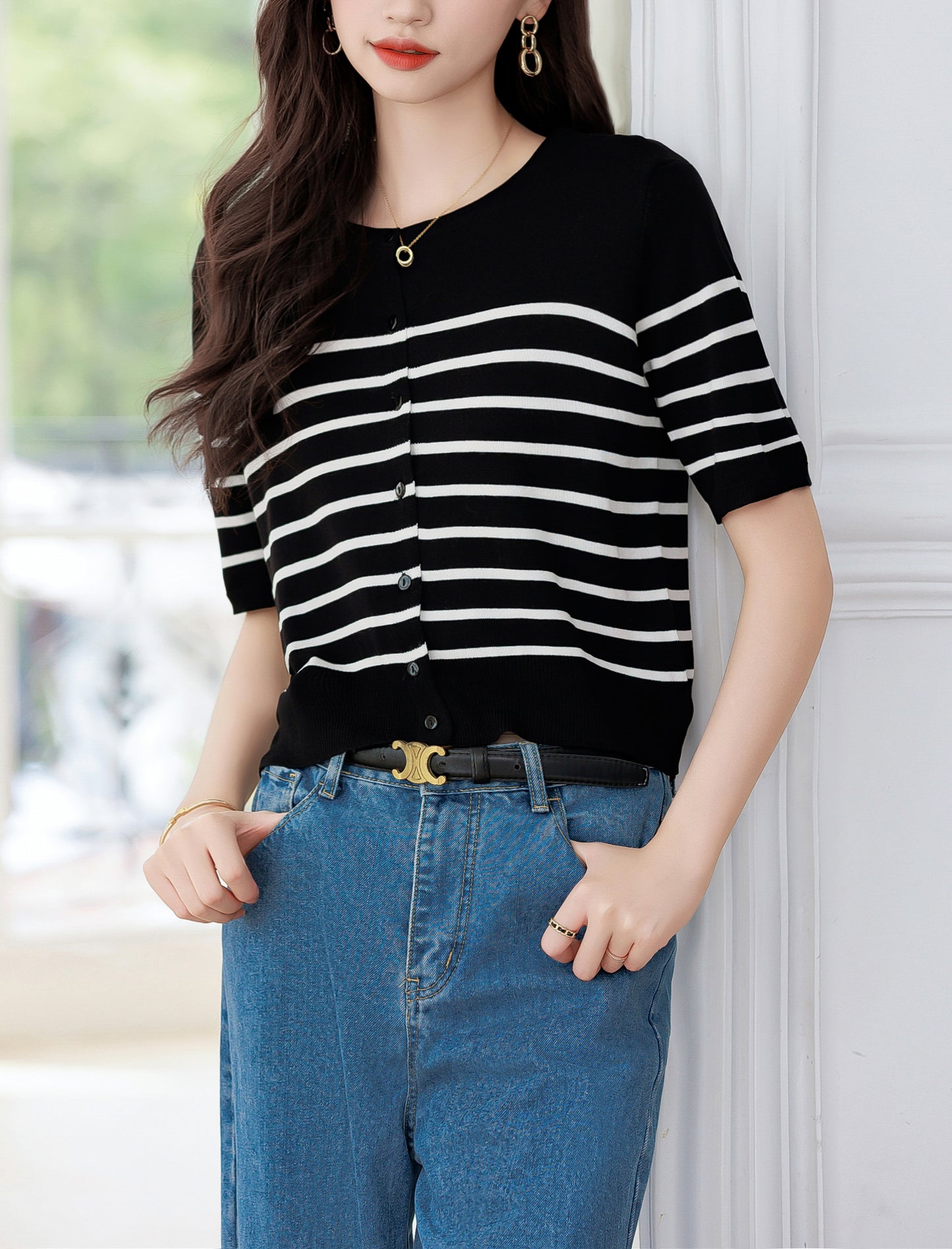 Women's Stripes Short Sleeve Knit Cardigan Tops