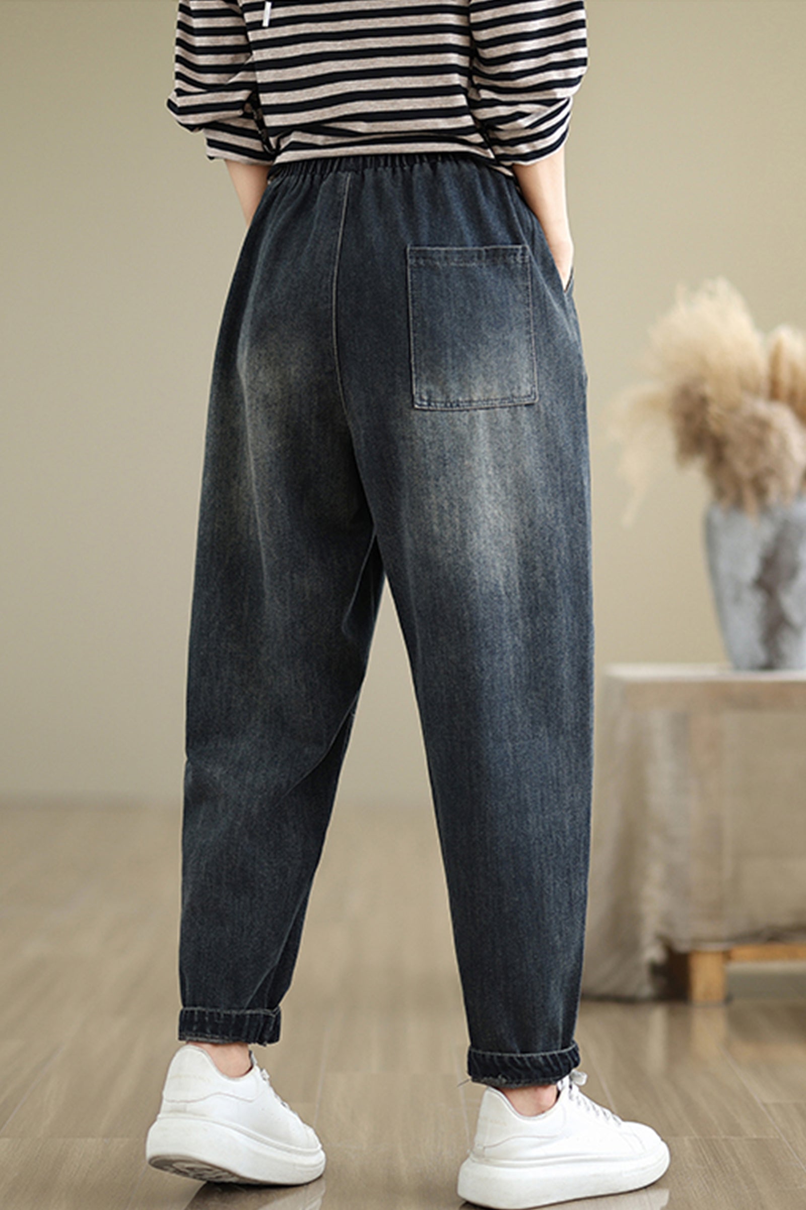 Women's Baggy Jeans Pattern Elastic Waist Casual Harem Pants With Pockets - LAI MENG FIVE CATS
