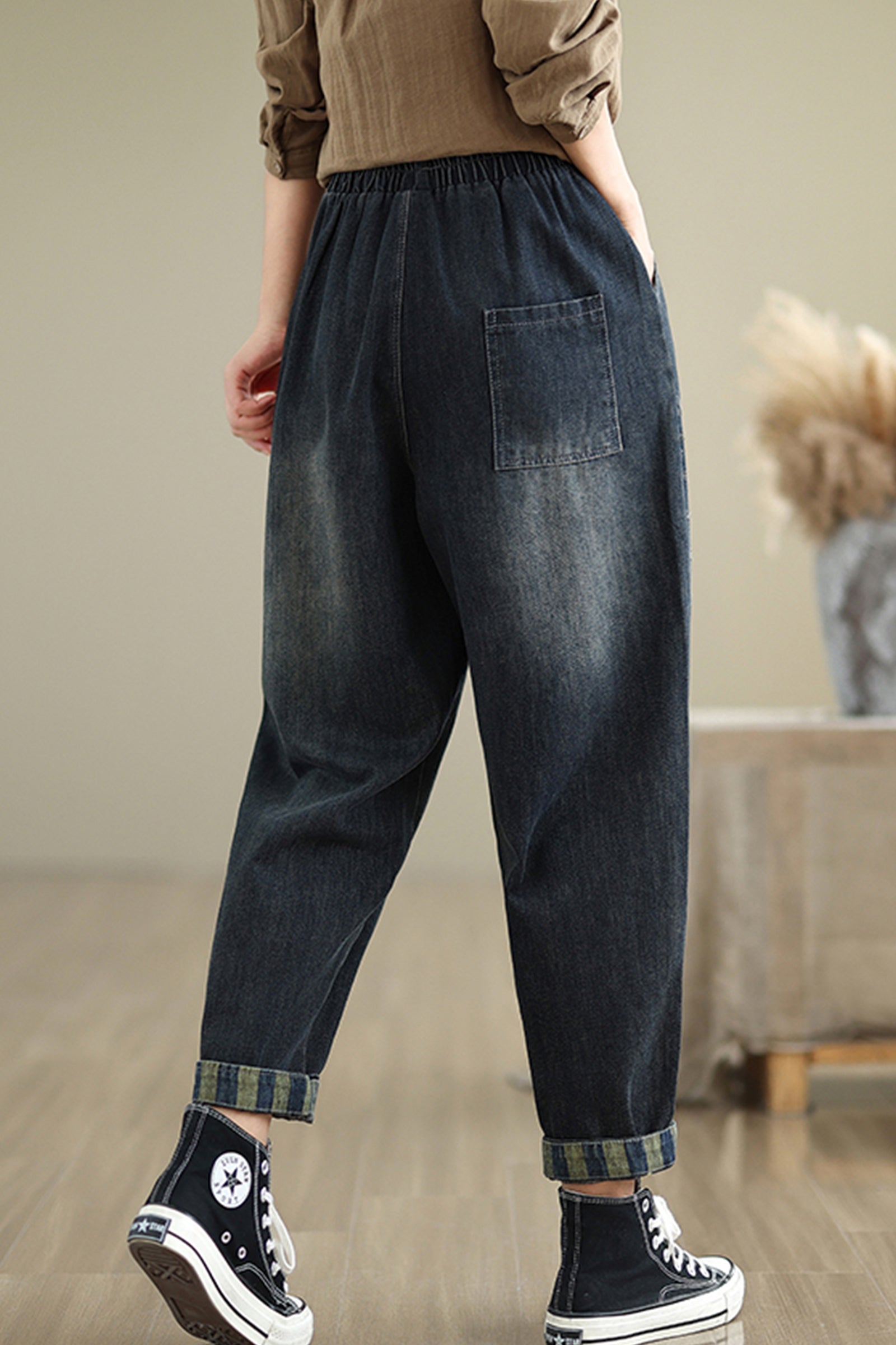 Women's Baggy Jeans Pattern Elastic Waist Casual Harem Pants With Pockets - LAI MENG FIVE CATS