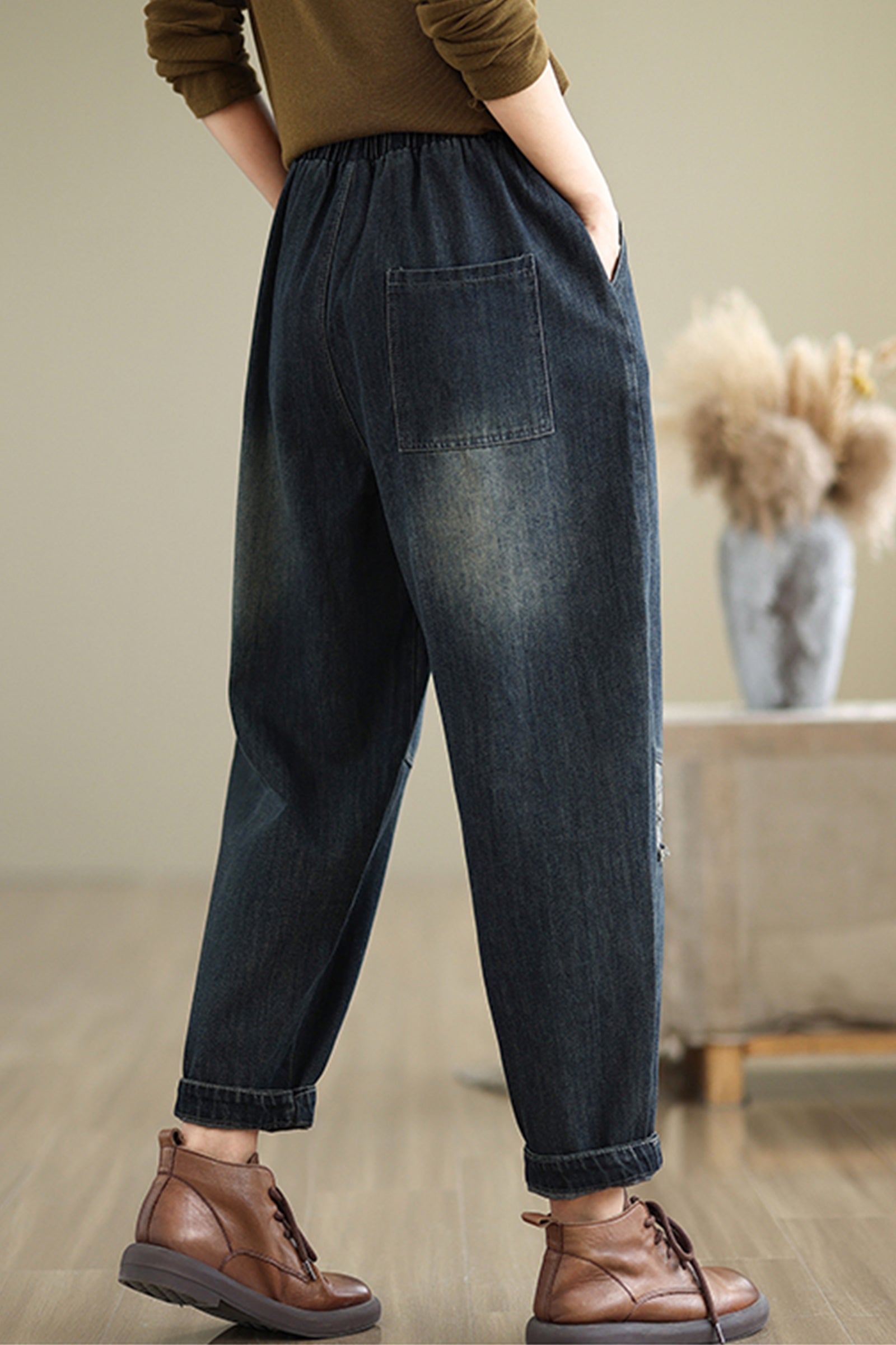 Women's Baggy Jeans Pattern Elastic Waist Casual Harem Pants - LAI MENG FIVE CATS