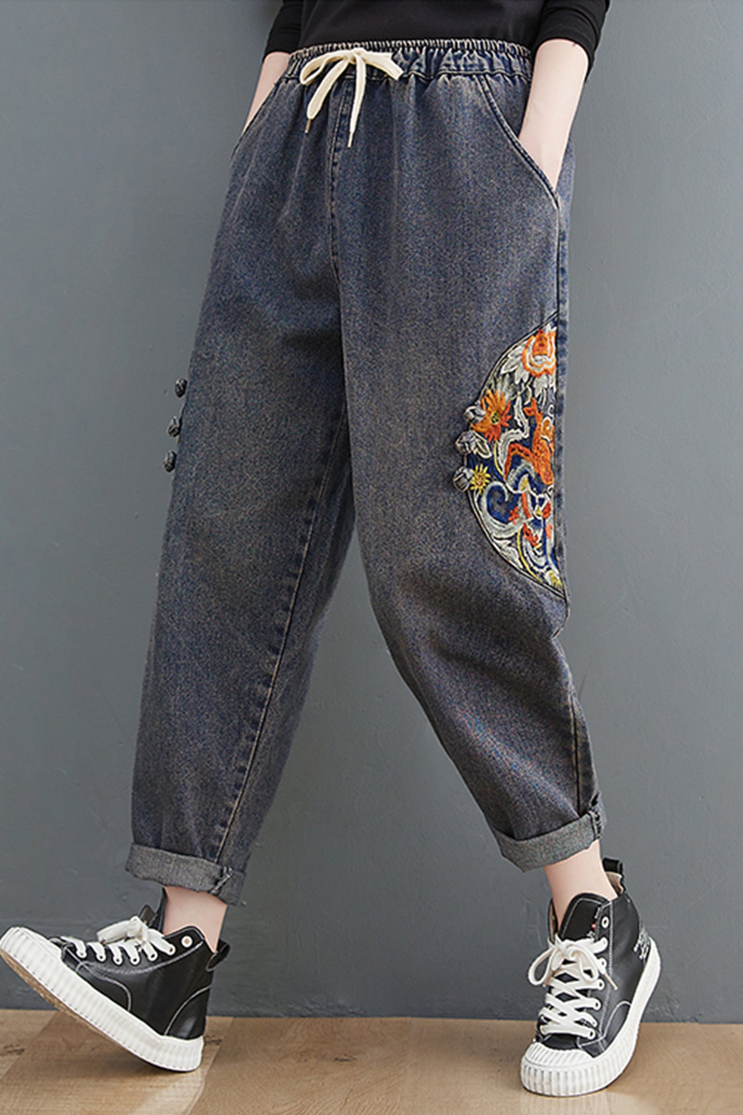 Women's Jeans Pattern Elastic Waist Casual Harem Pants With Pockets - LAI MENG FIVE CATS