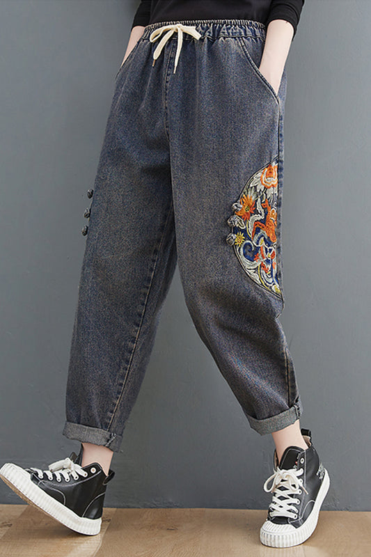 Women's Jeans Pattern Elastic Waist Casual Harem Pants With Pockets - LAI MENG FIVE CATS