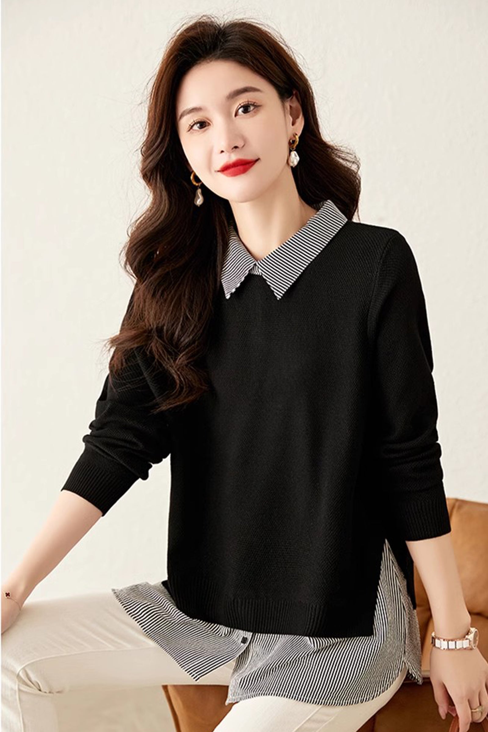 Women's Patchwork Shirt Collar Cotton  Knit Pullover Tops - LAI MENG FIVE CATS