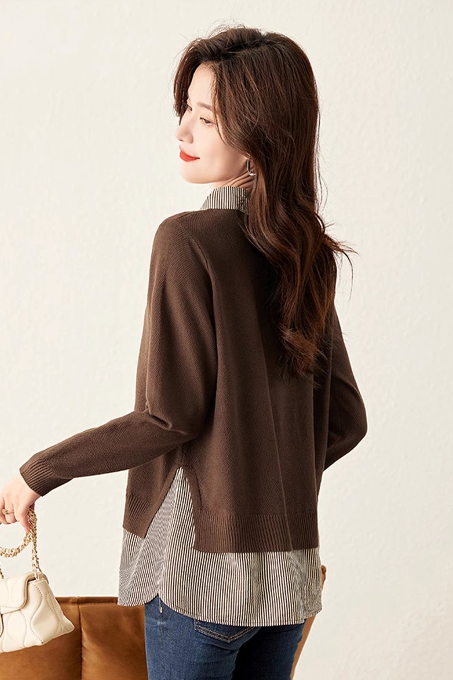 Women's Patchwork Shirt Collar Cotton Knit Pullover Tops - LAI MENG FIVE CATS