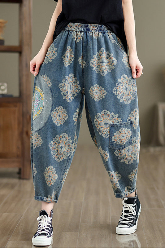 Women's Baggy Jeans Pattern Elastic Waist Casual Harem Pants With Pockets - LAI MENG FIVE CATS