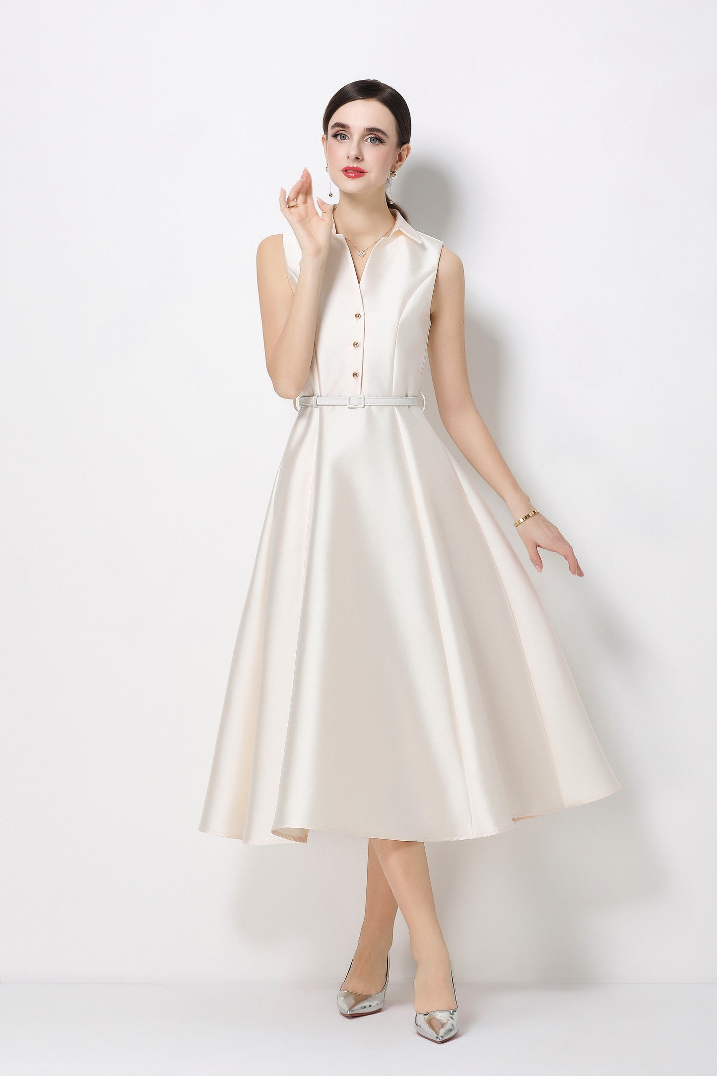 Chic White Sleeveless Midi Dress with Pockets - LAI MENG FIVE CATS