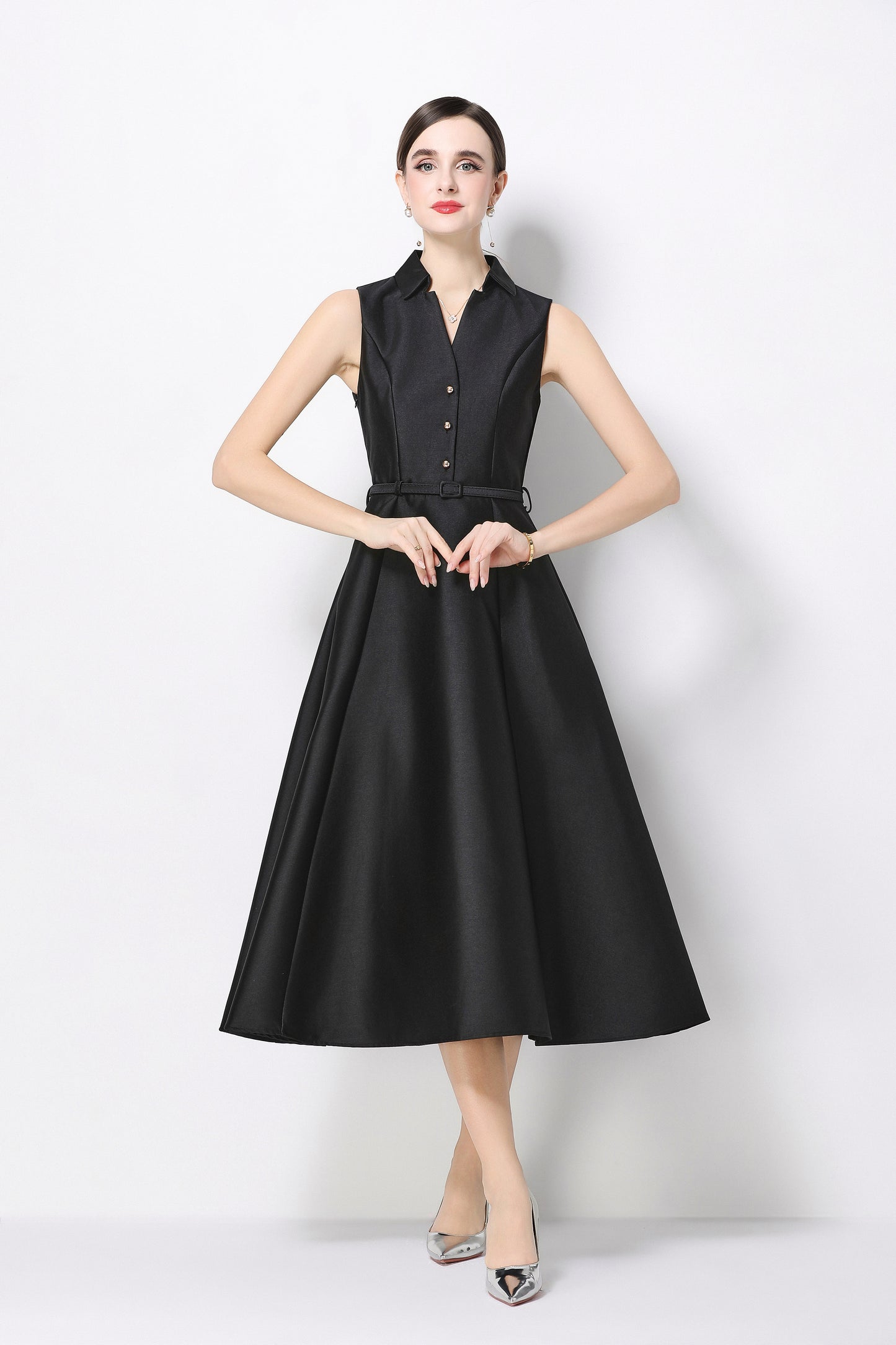 Elegant Black Sleeveless A-Line Midi Dress with Belt & Pockets - LAI MENG FIVE CATS