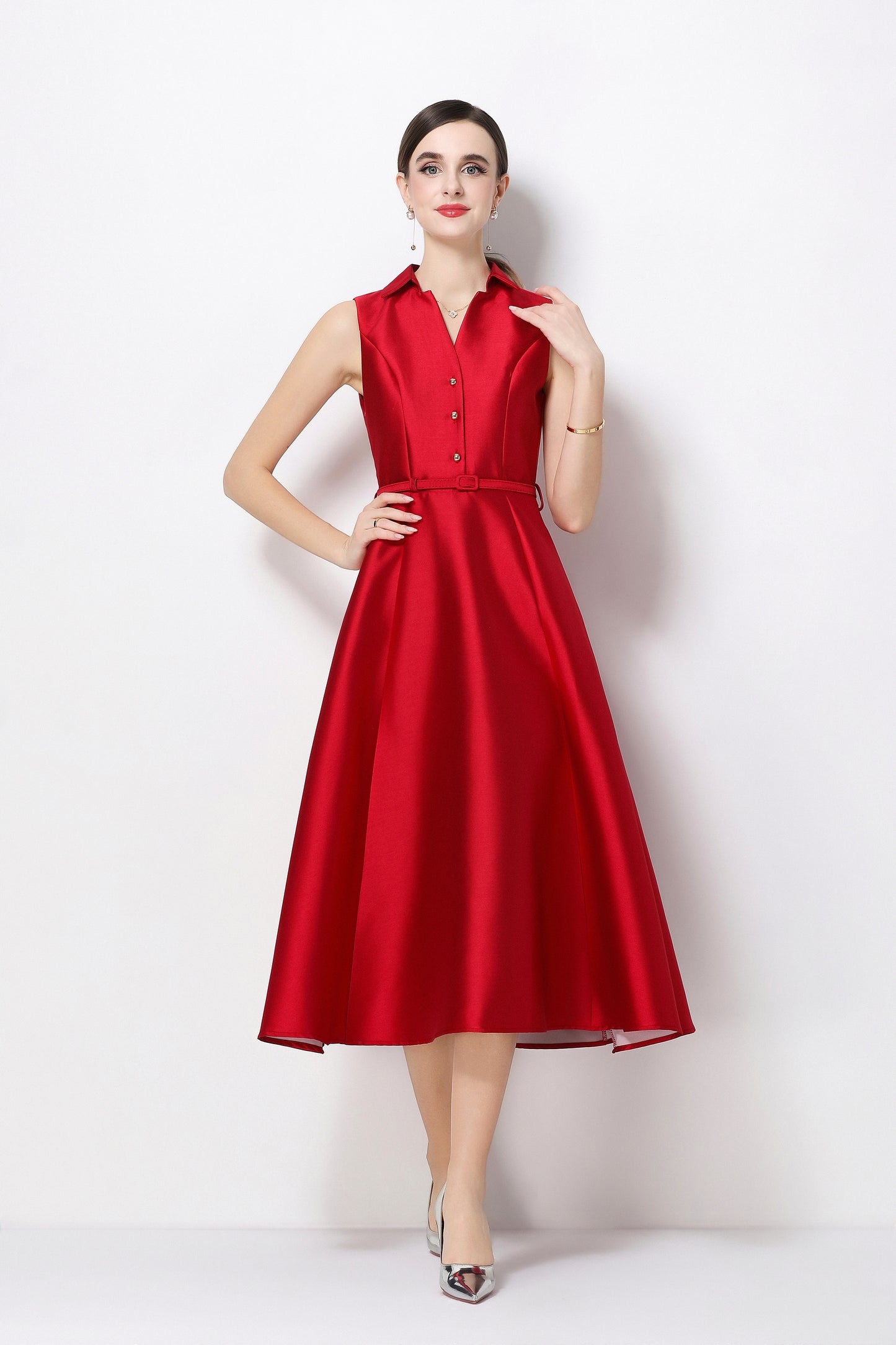 Elegant Red Fit & Flare Midi Dress with Belt & Pockets - LAI MENG FIVE CATS