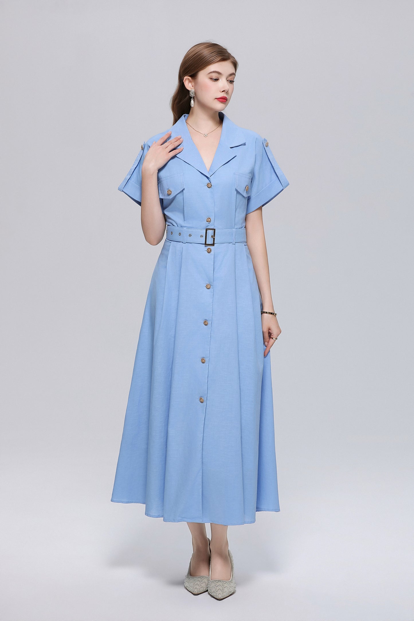 Lightblue Elegant Belted Loose Button Down Shirt Midi Dress