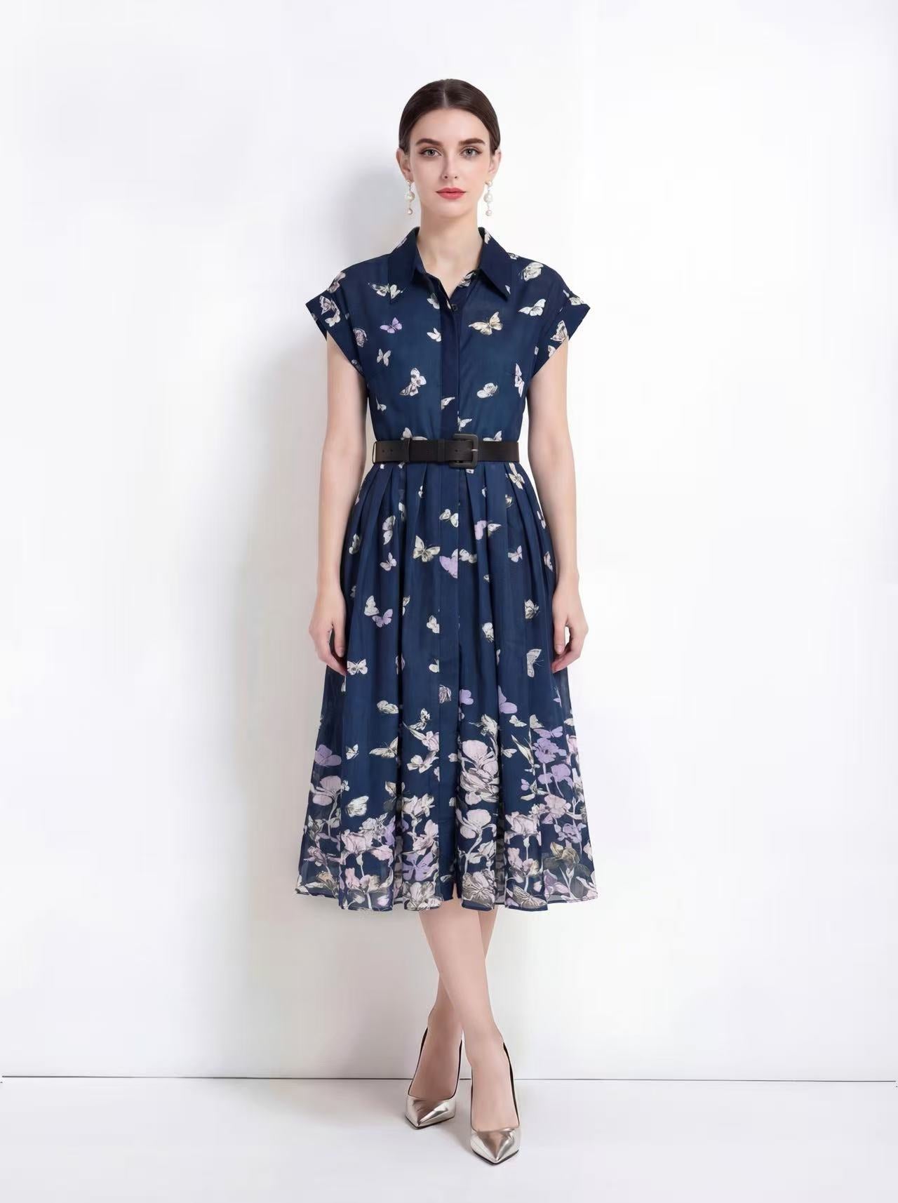 Elegant Navy Floral Shirt Midi Dress with Belt