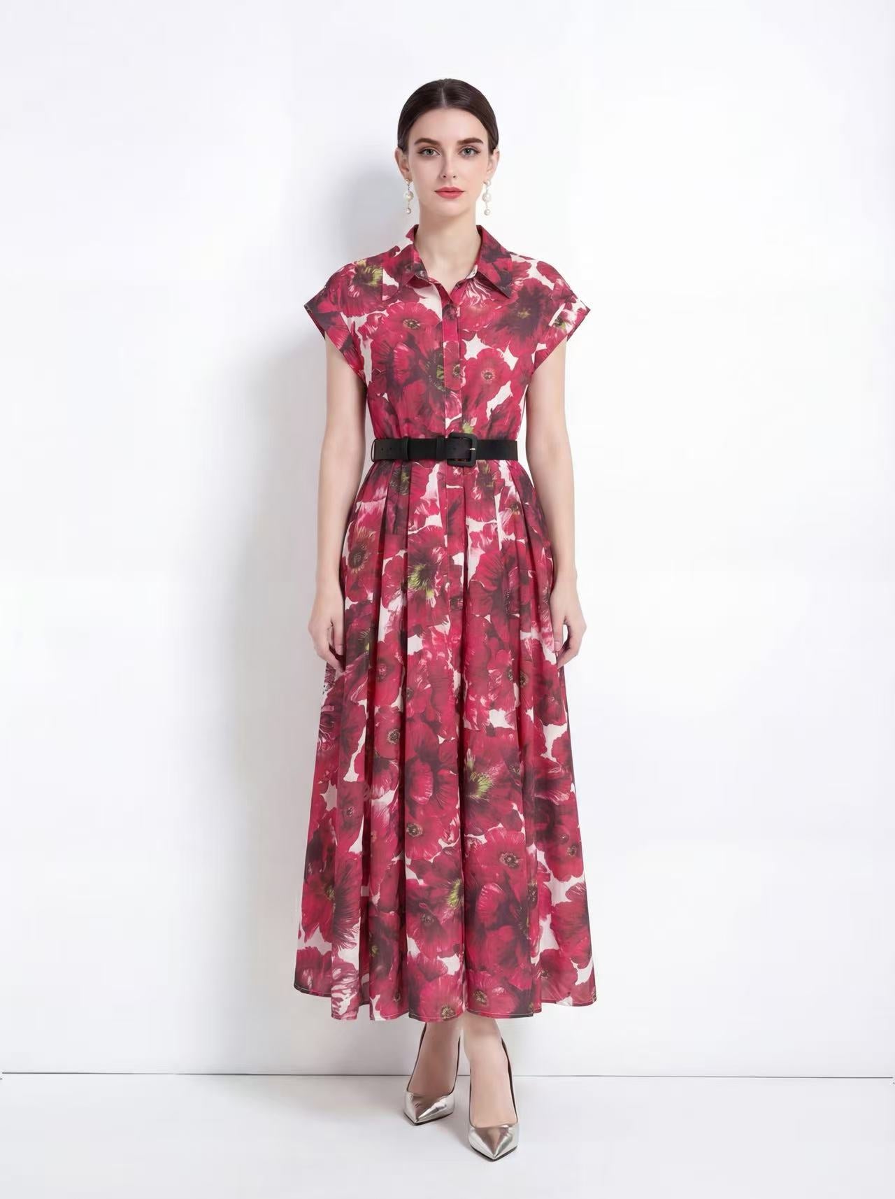 Elegant Floral Shirt Midi Dress with Belt