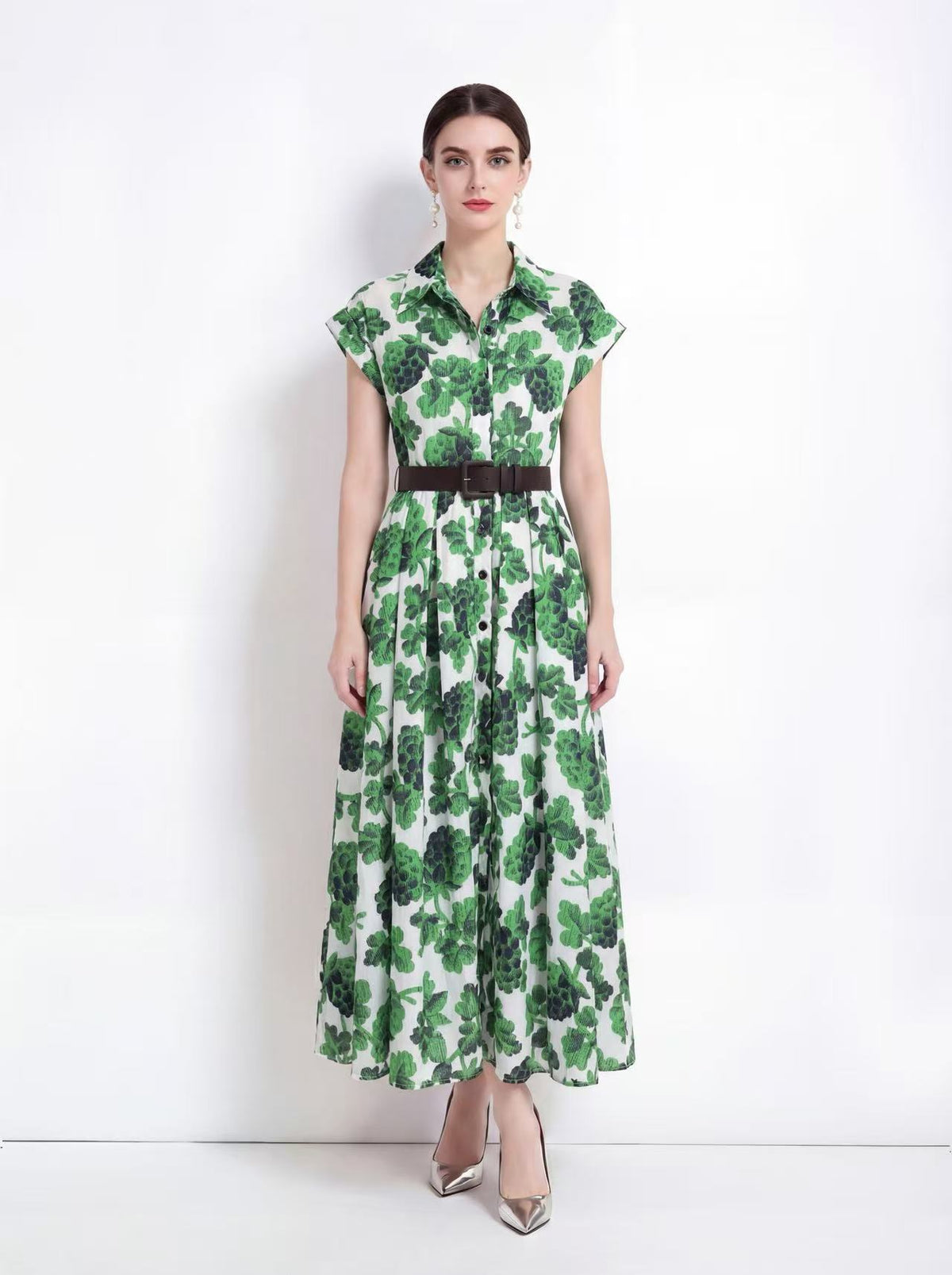 Elegant Green Floral Shirt Midi Dress with Belt