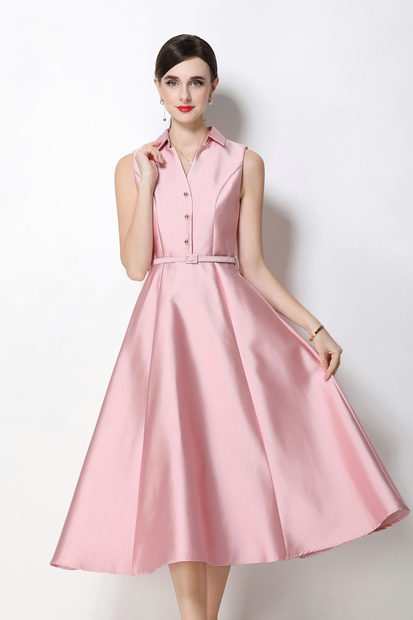Romantic Pink Sleeveless A-Line Midi Dress with Belt & Pockets - LAI MENG FIVE CATS