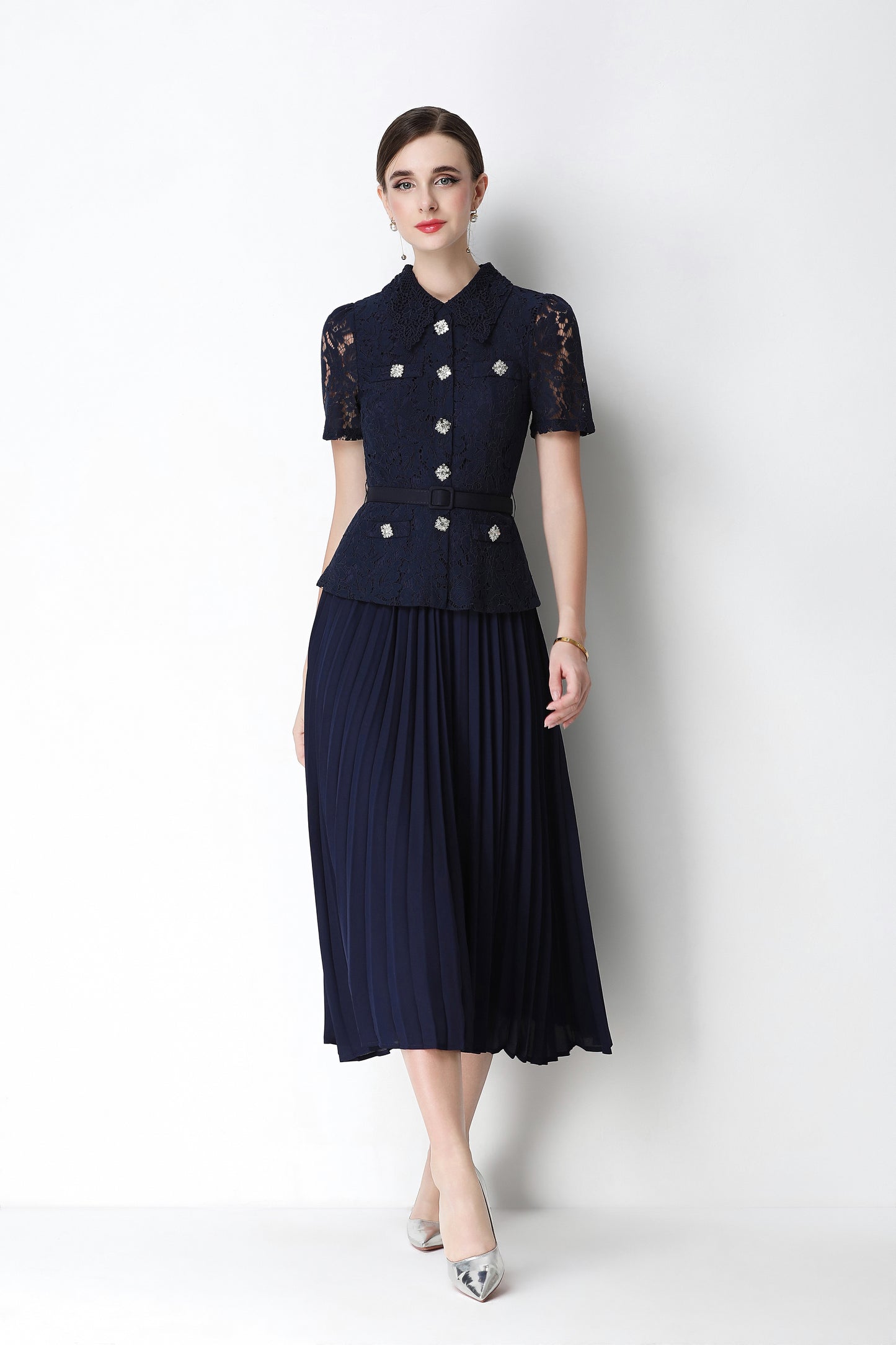 French Chic Lace Pleated Midi Dress with Belt - LAI MENG FIVE CATS