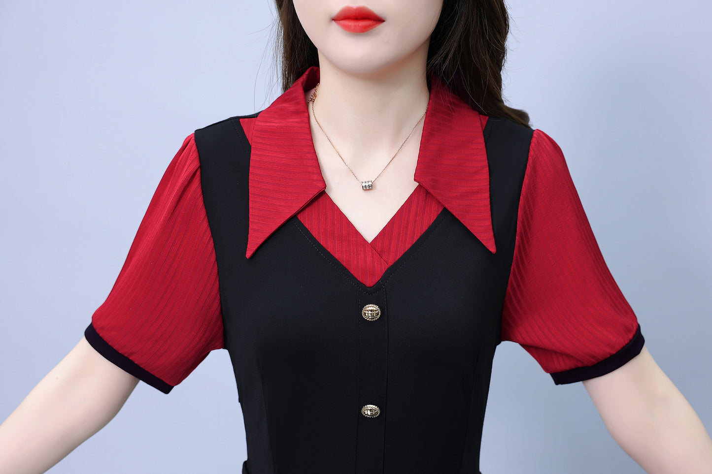 Women's Lapel V-Neck Pocket Short Sleeve Midi Dress - LAI MENG FIVE CATS