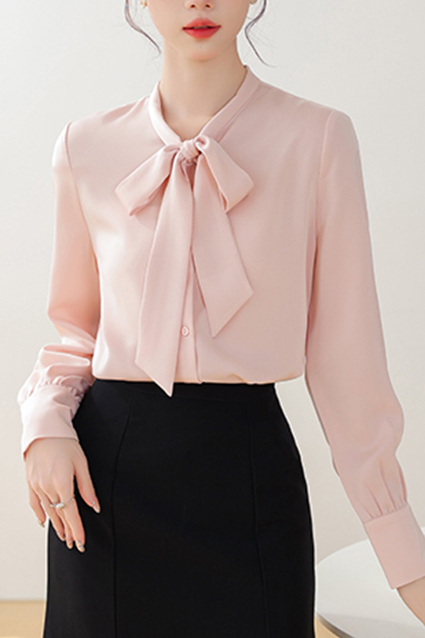Women's Stain Shirt Tie Neck Long Sleeve Blouse Top