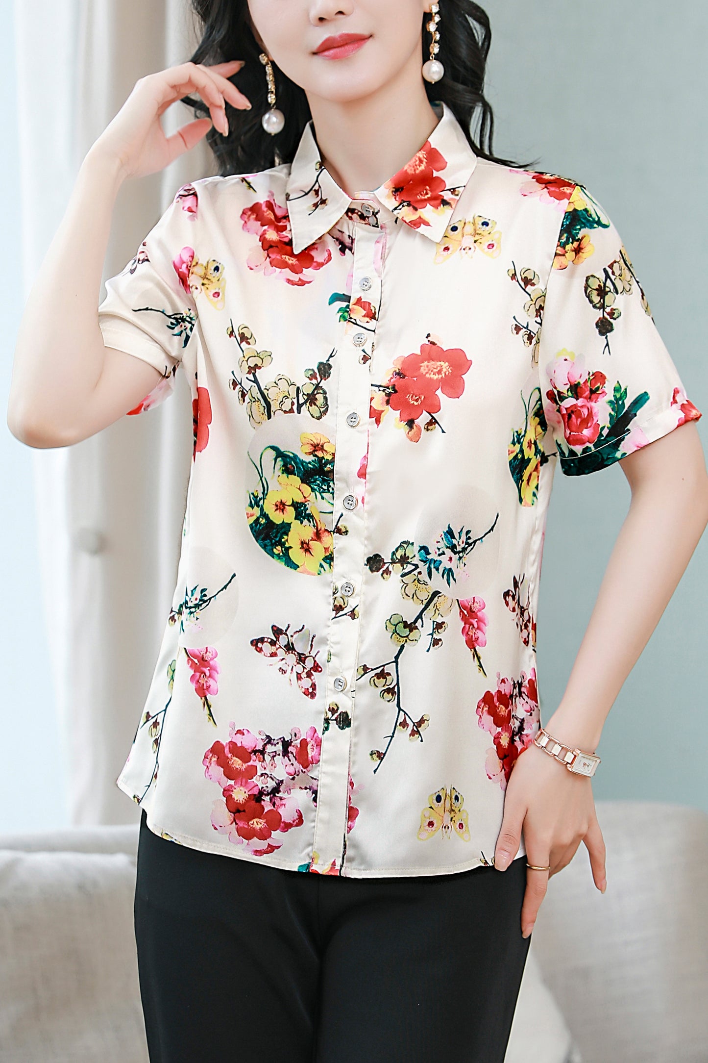 Women's Stain Floral Print Blouse Short Sleeve Tops