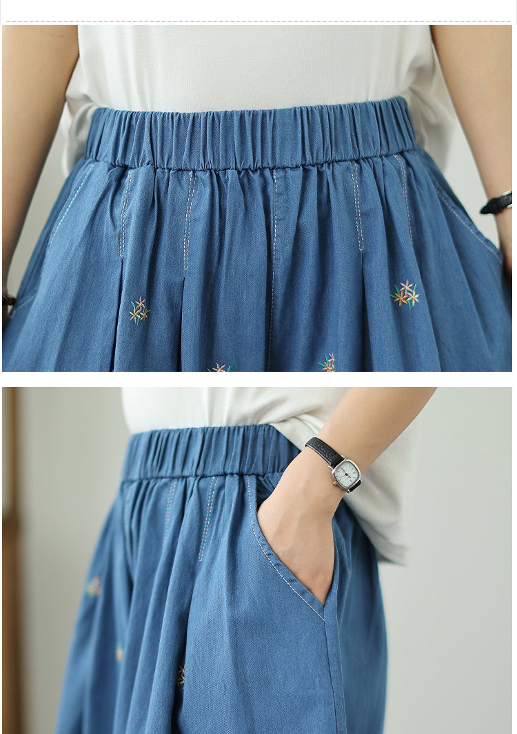 Women's High Waisted Baggy Jean Wide Leg Denim Shorts - LAI MENG FIVE CATS
