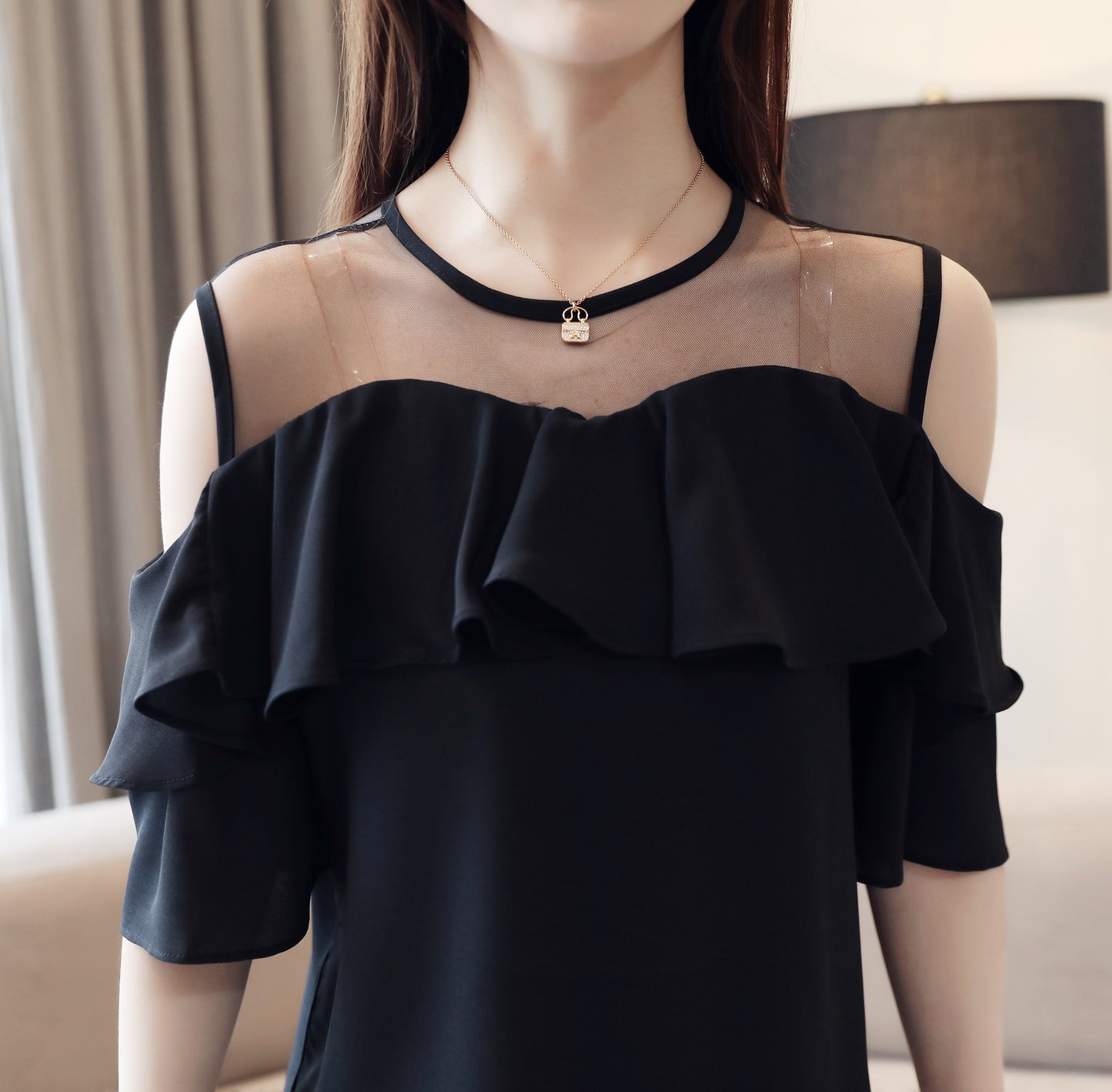 Women's Chiffon Ruffle Off Shoulder Mesh Blouse Top