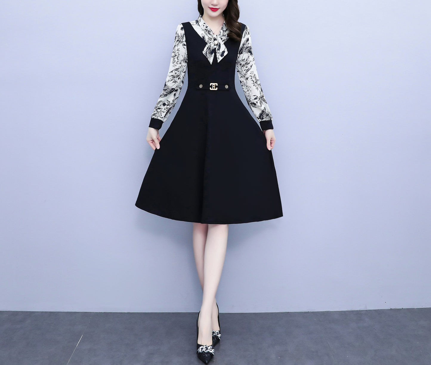 Women's Elegant Tie Neck Long Sleeve Black Dress - LAI MENG FIVE CATS