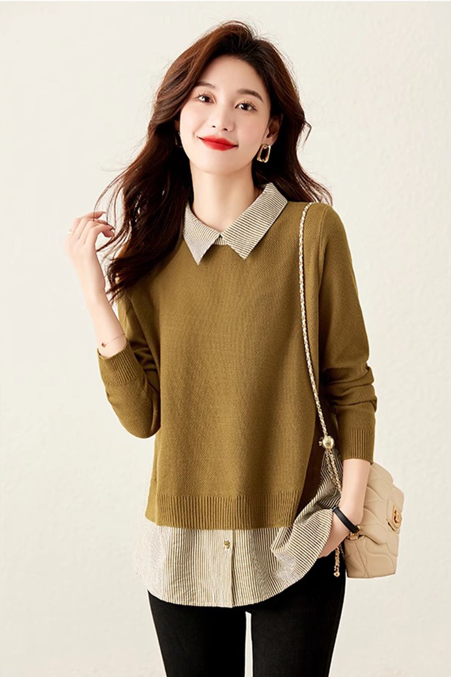Women's Patchwork Shirt Collar Cotton Knit Pullover Tops - LAI MENG FIVE CATS
