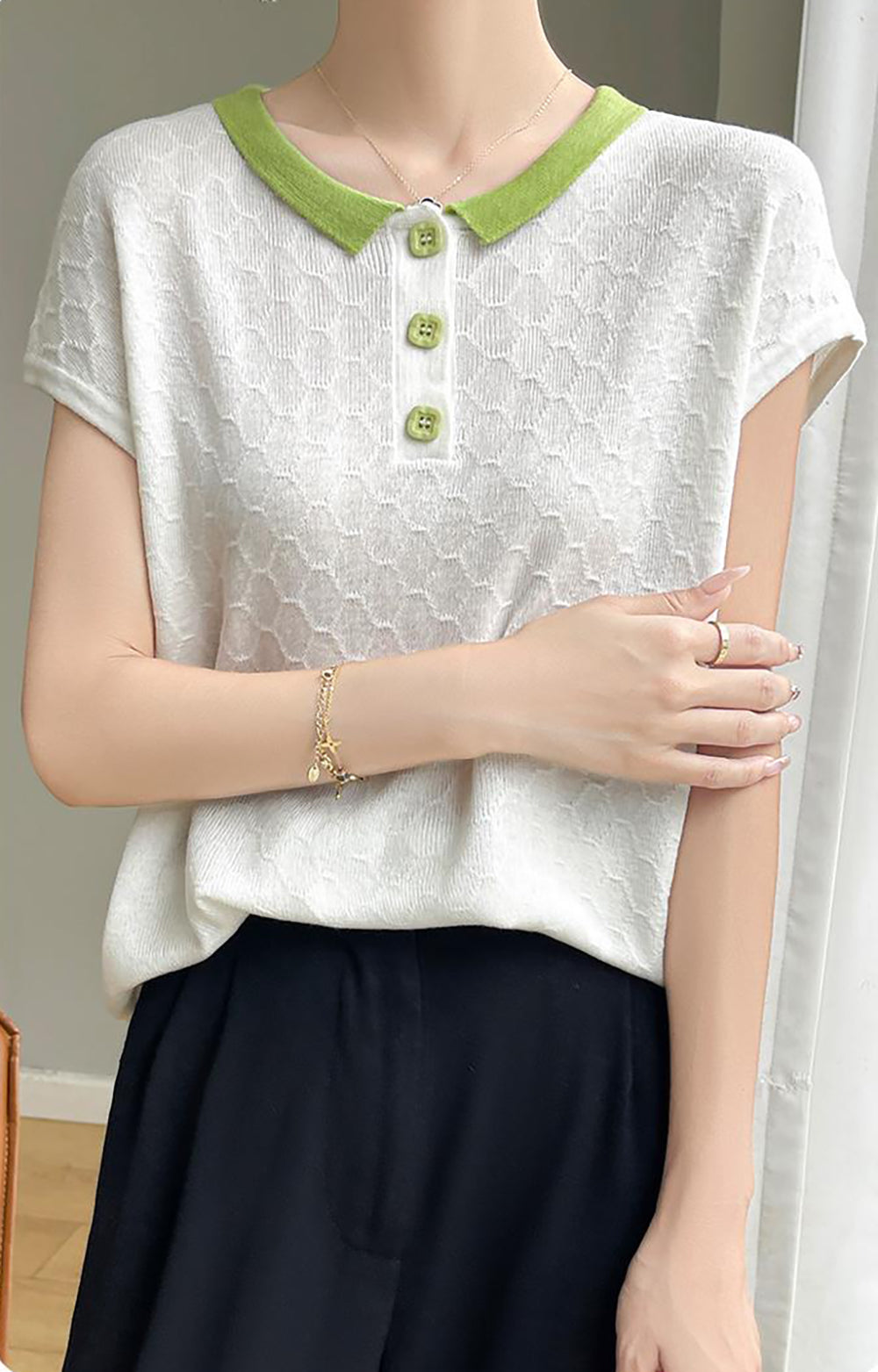 Women's Knit Tops Henley Shirts Color Block Blouse