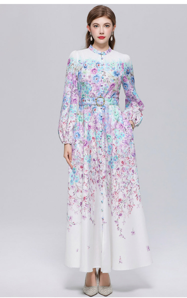 Women's Lantern Sleeve Floral Print Button Maxi Dress With Belts