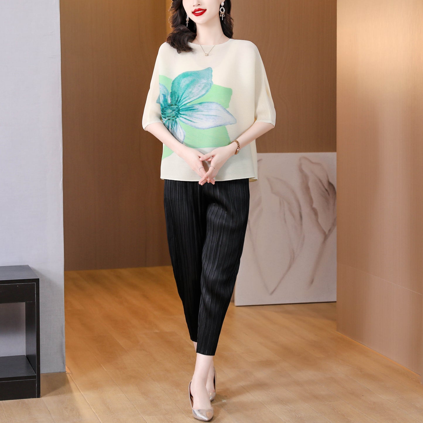 Pleats Batwing sleeve Elastic Tunic Pullover Top - LAI MENG FIVE CATS