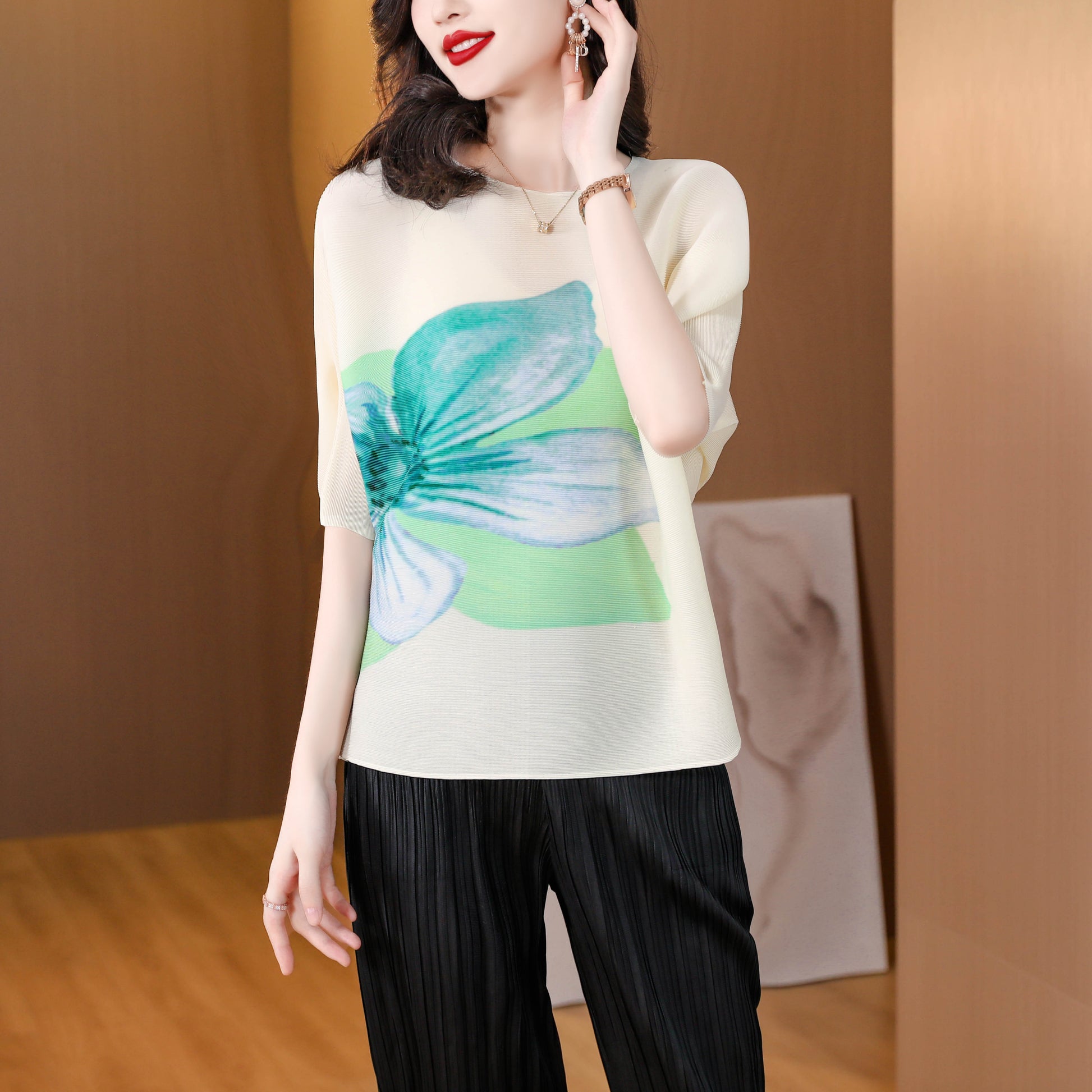 Pleats Batwing sleeve Elastic Tunic Pullover Top - LAI MENG FIVE CATS
