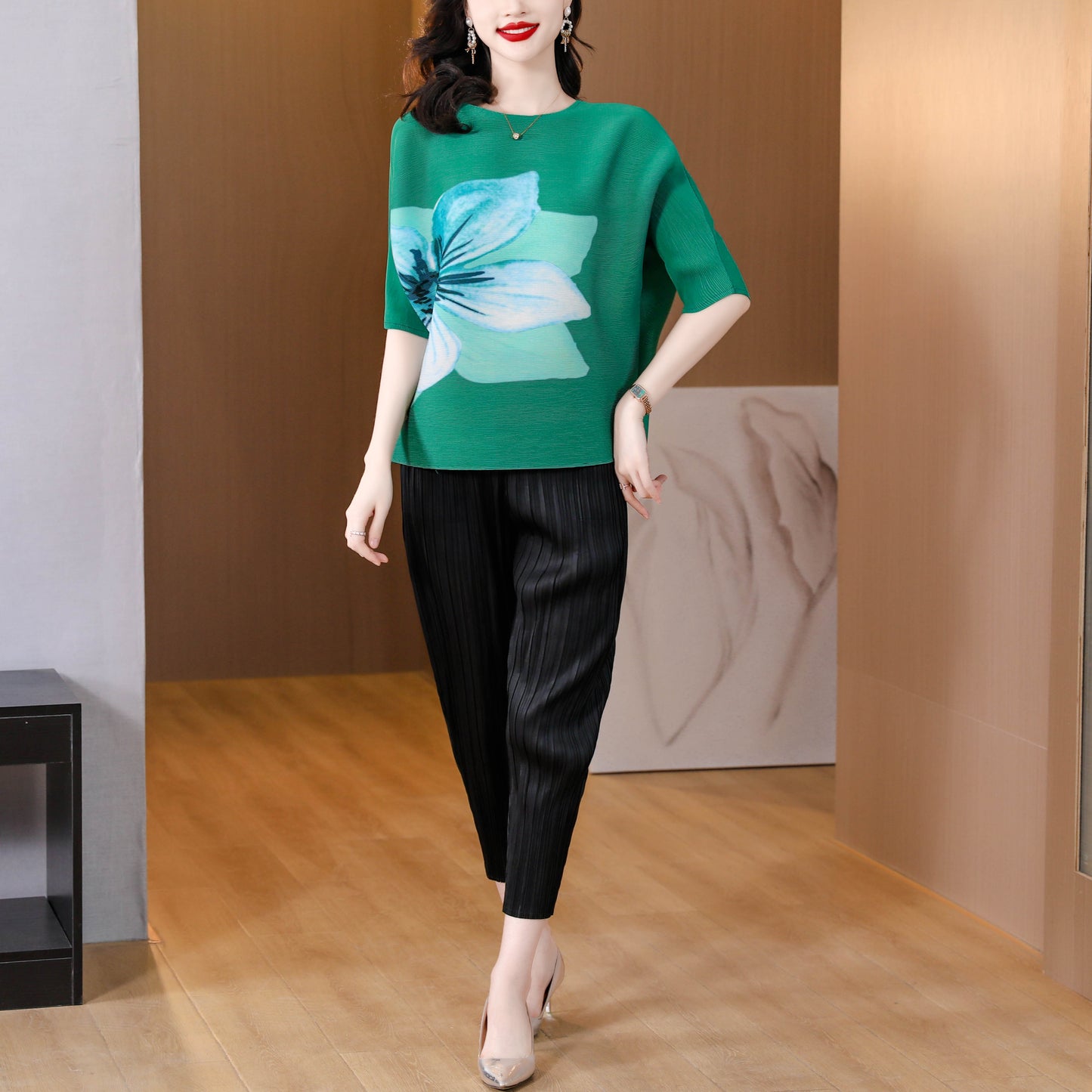 Pleats Batwing sleeve Elastic Tunic Pullover Top - LAI MENG FIVE CATS