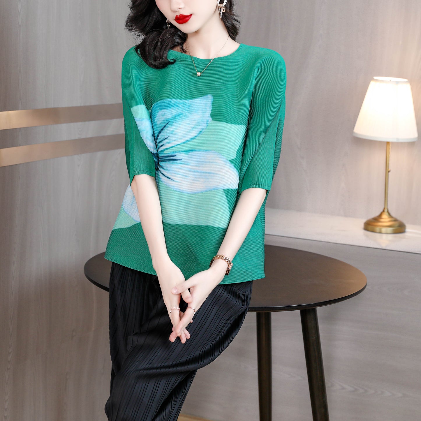 Pleats Batwing sleeve Elastic Tunic Pullover Top - LAI MENG FIVE CATS