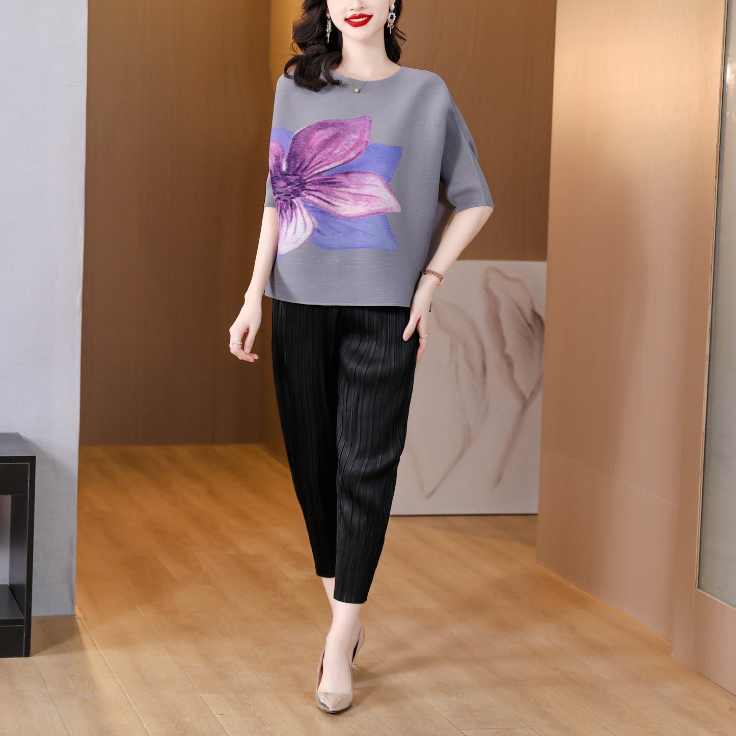 Pleats Print Elastic Batwing sleeve Tunic Pullover Top - LAI MENG FIVE CATS