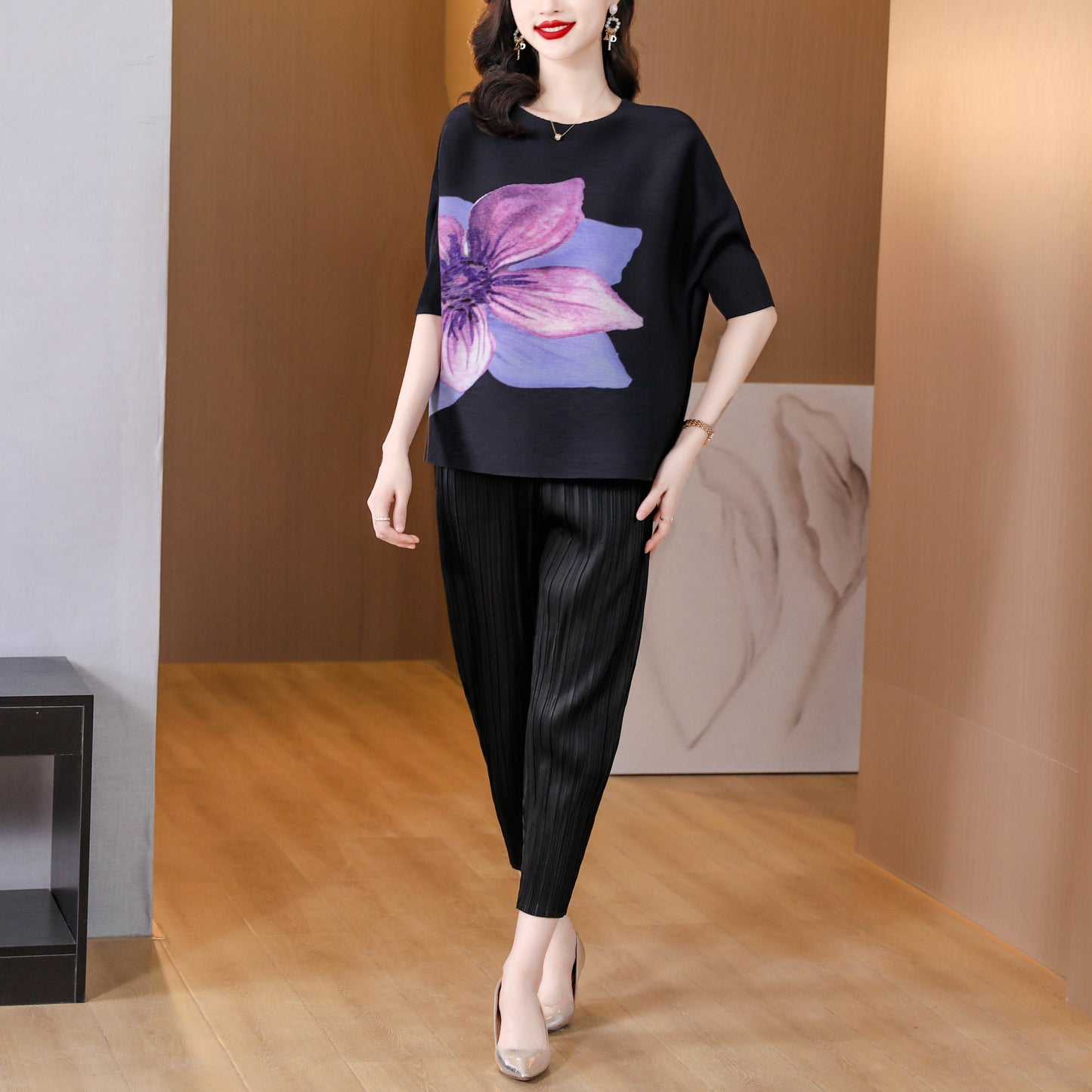 Pleats Print Elastic Tunic Pullover Top - LAI MENG FIVE CATS