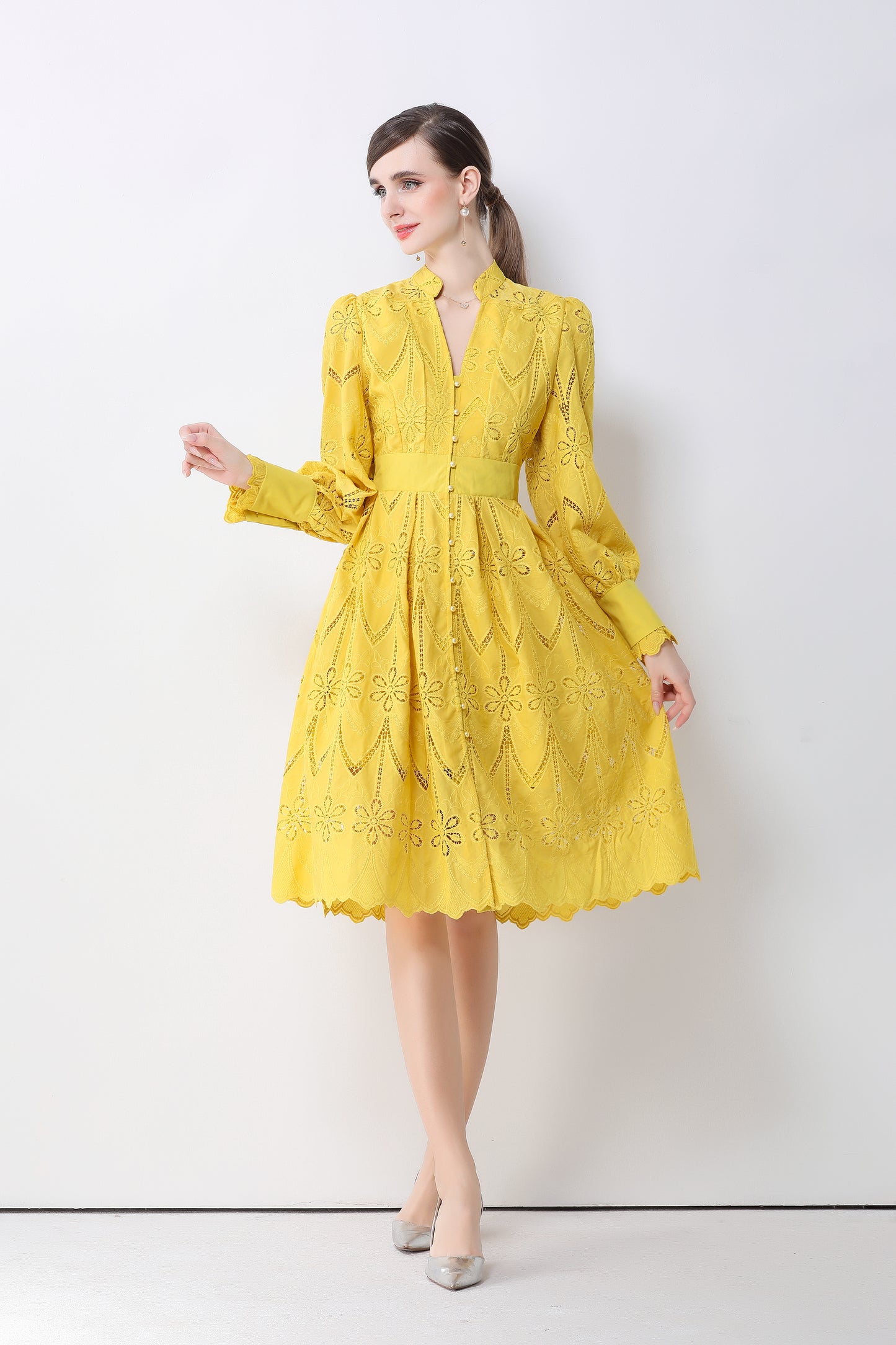 Women's V-Neck Long Sleeve Hollow Out Lace Midi Dress