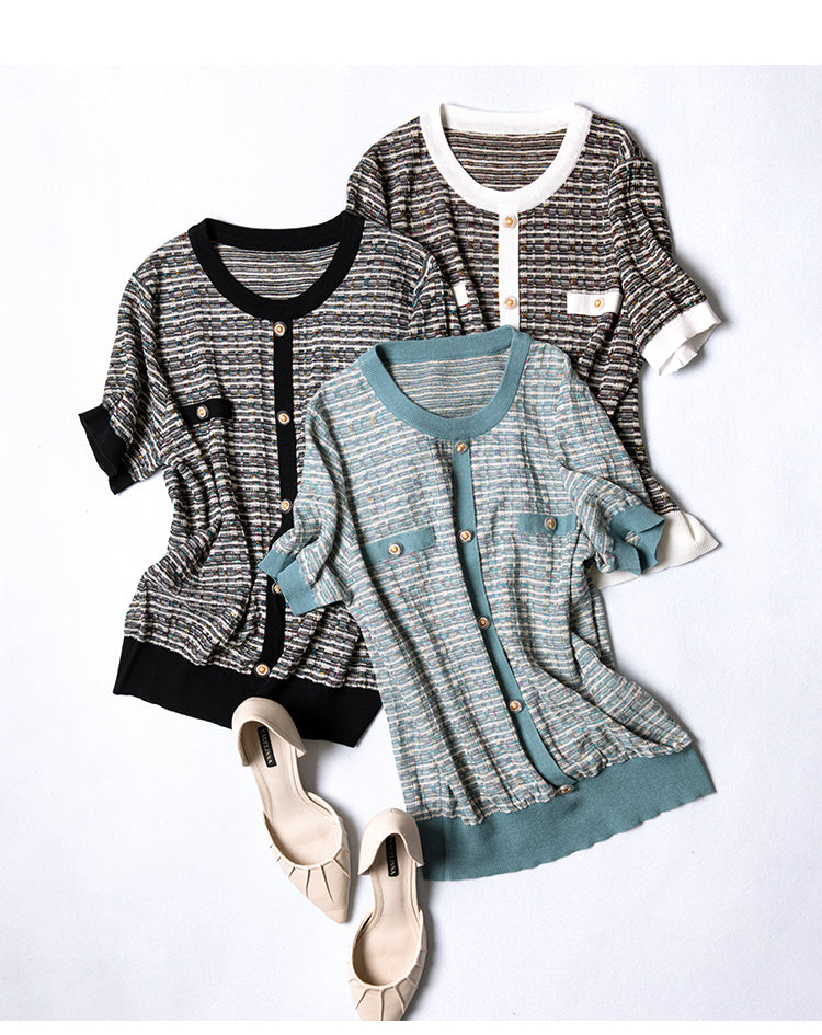 Chic Short-Sleeve Tweed Knit Top Short Sleeve Effortless Shirt