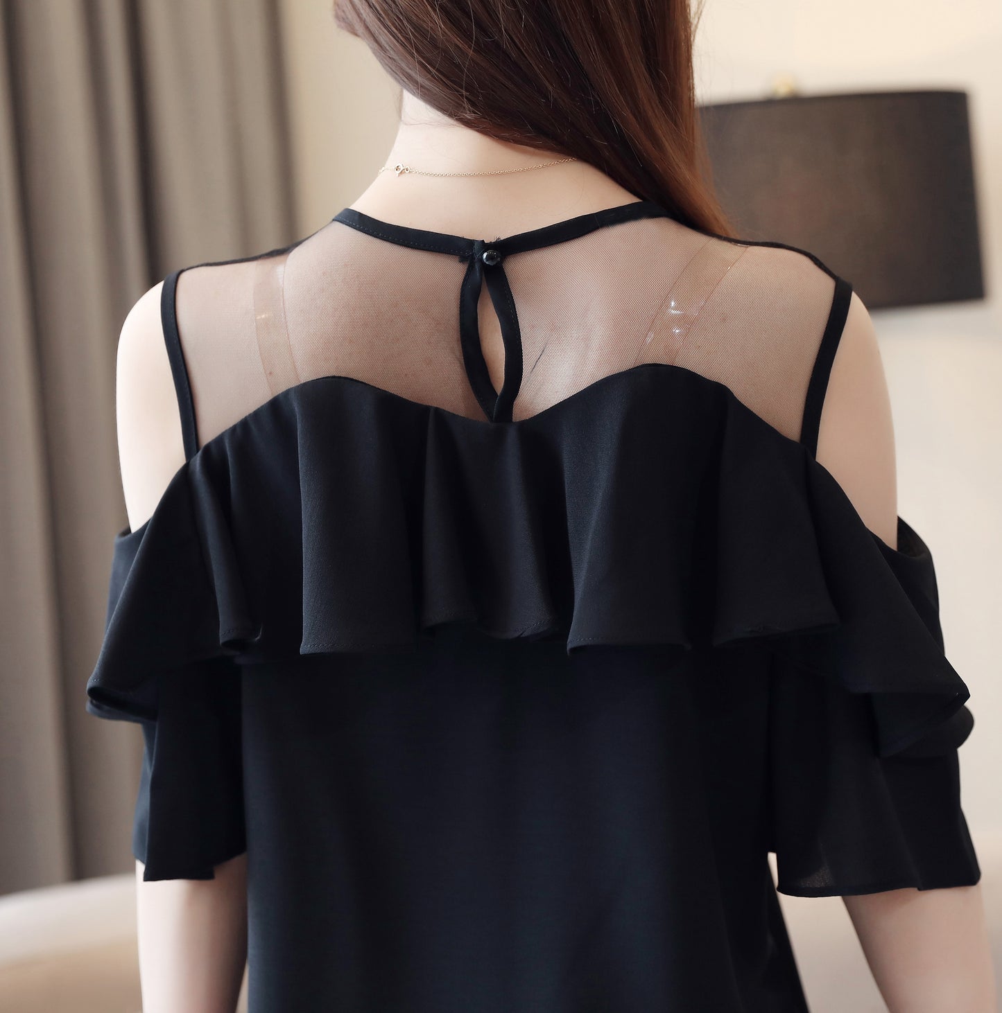 Women's Chiffon Ruffle Off Shoulder Mesh Blouse Top
