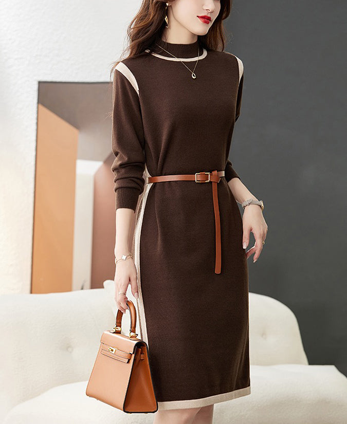 Women's Long Sleeve Sweater Knit Color Block Dress