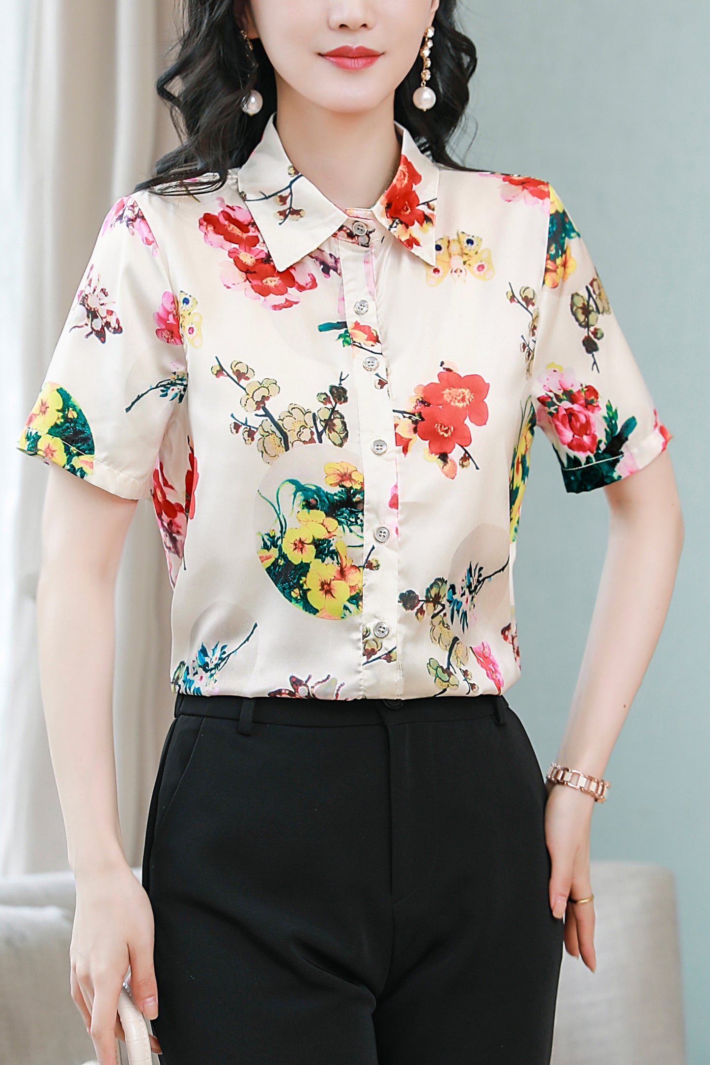 Women's Stain Floral Print Blouse Short Sleeve Tops