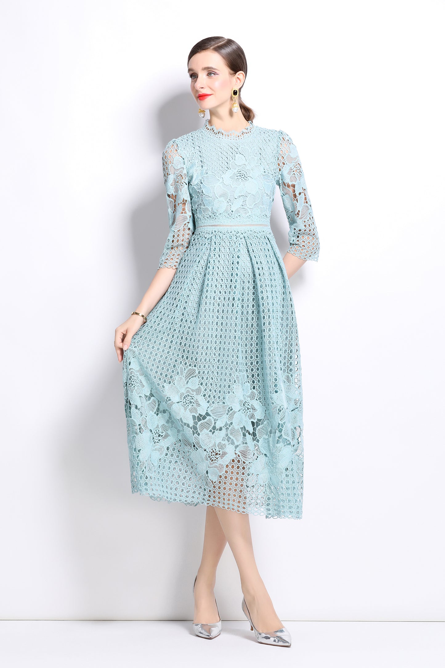 BK-Womens Floral Lace Hollow Crochet Waist Cocktail Dress - LAI MENG FIVE CATS