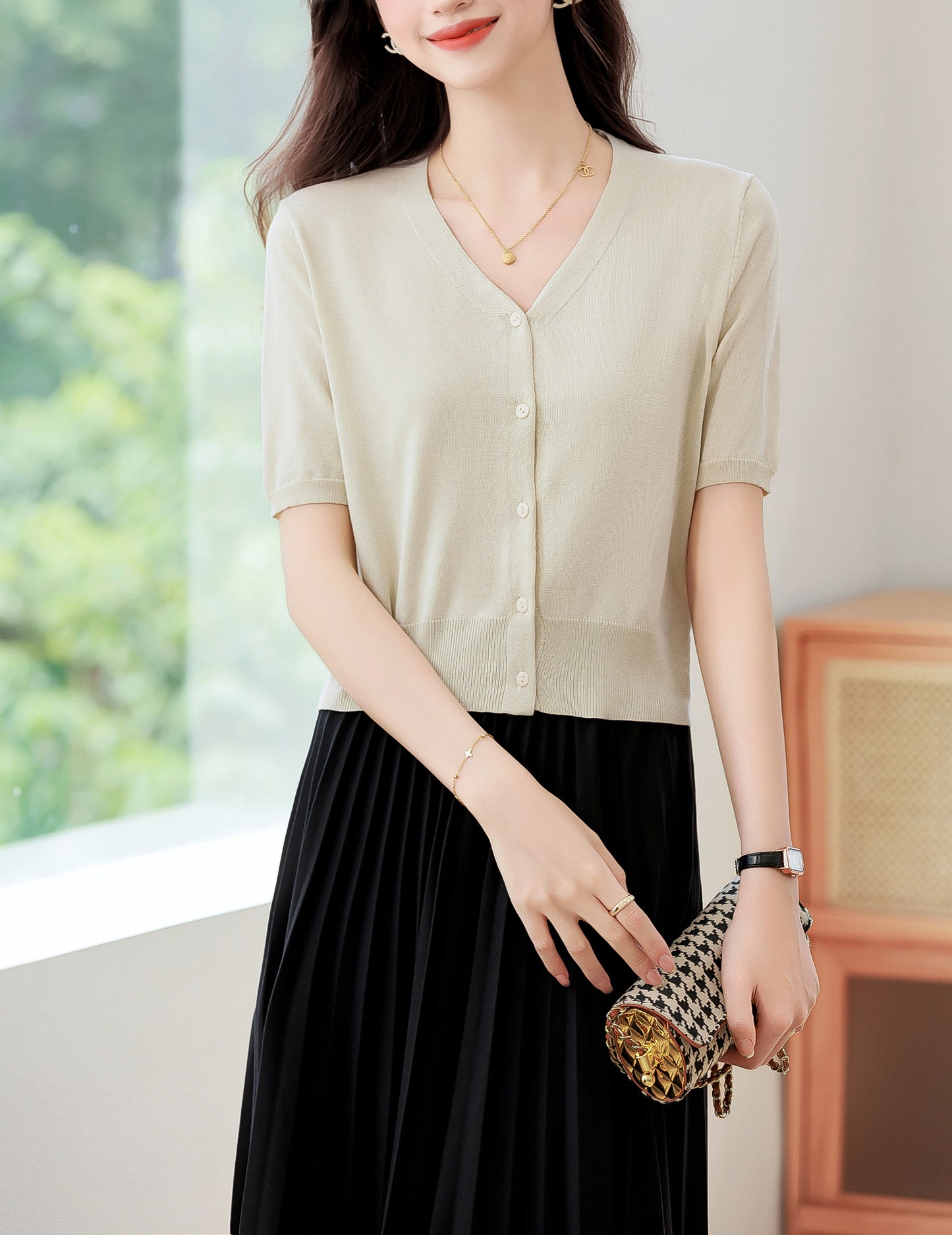 Women's Short Sleeve Ribbed Knit Cardigan Tops