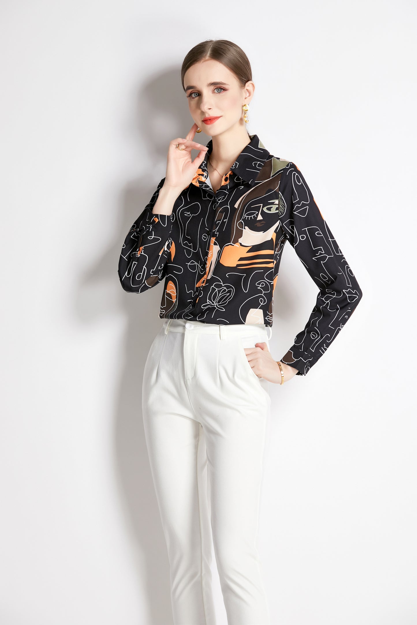 ESY-Women's Long Sleeve Lapel Collar Print Button Blouse