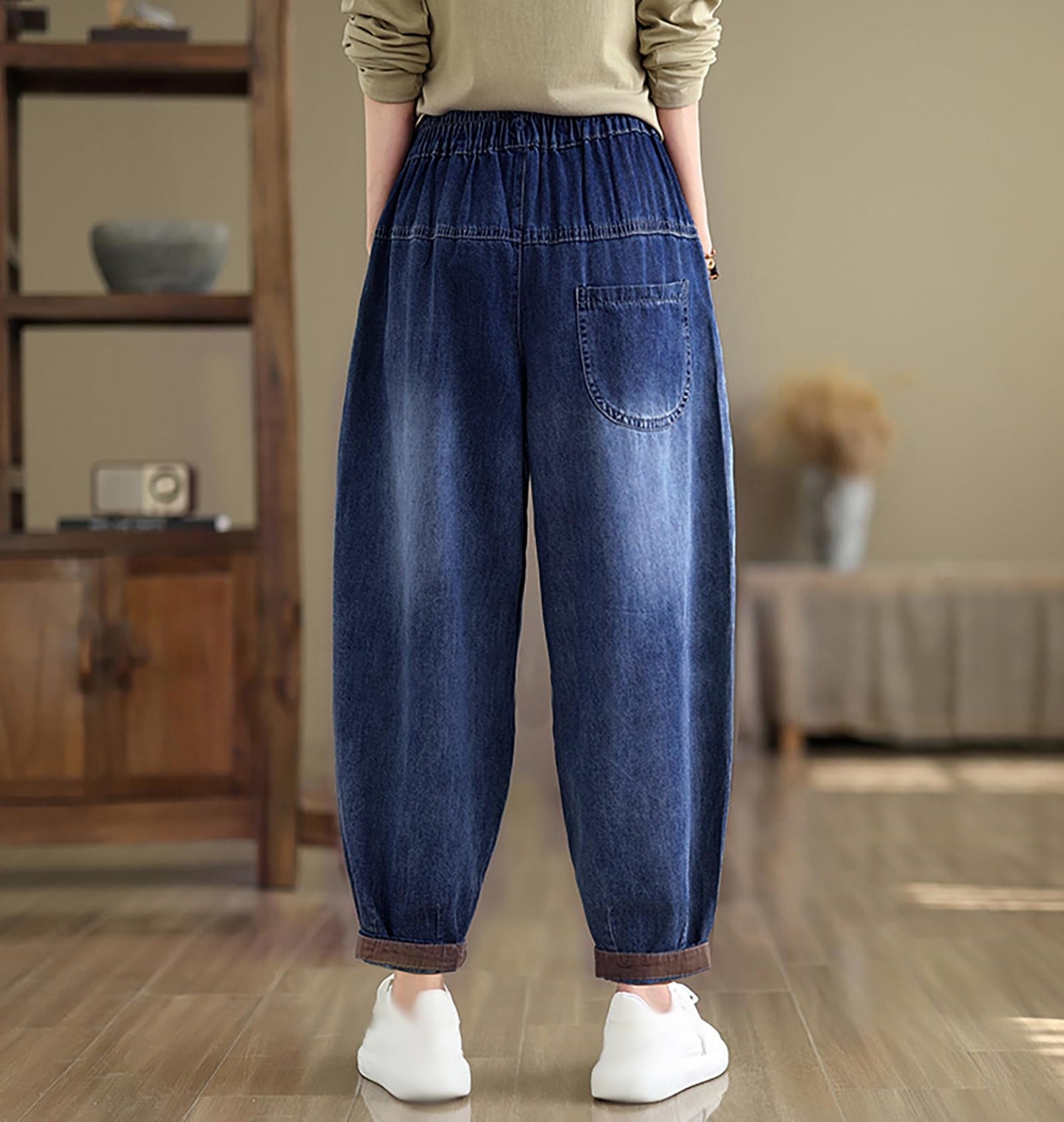 Casual Jeans Denim Loose Pants Elastic Waist with Pocket - LAI MENG FIVE CATS