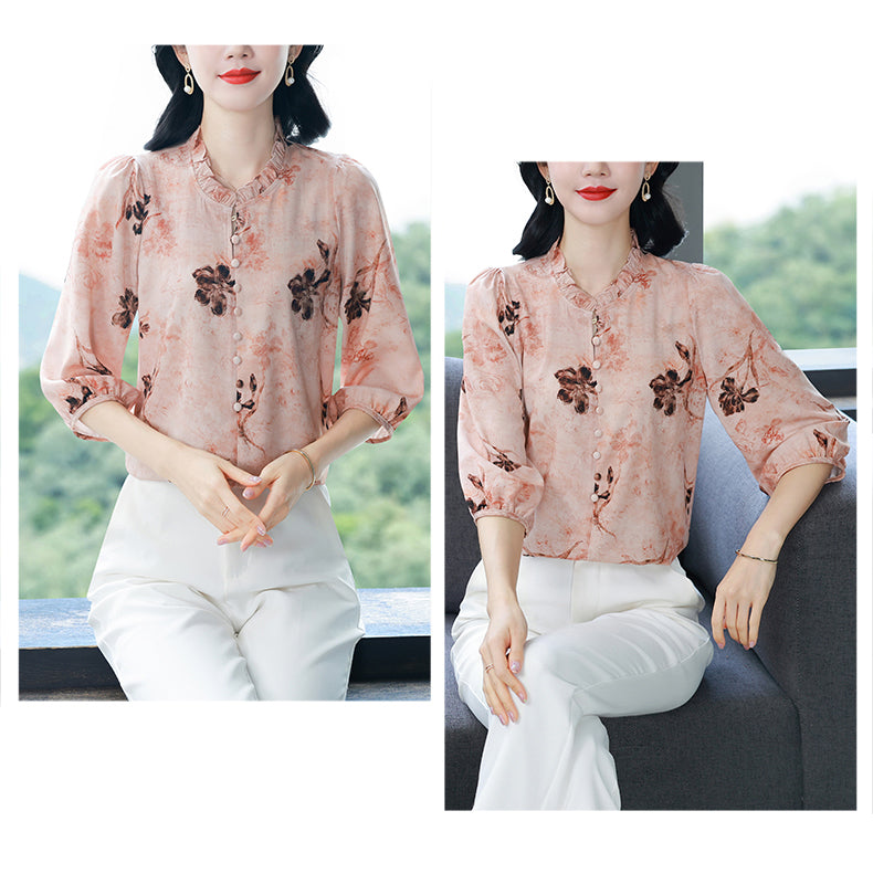 Women's Floral Print Ruffle Button Loose Blouses Top