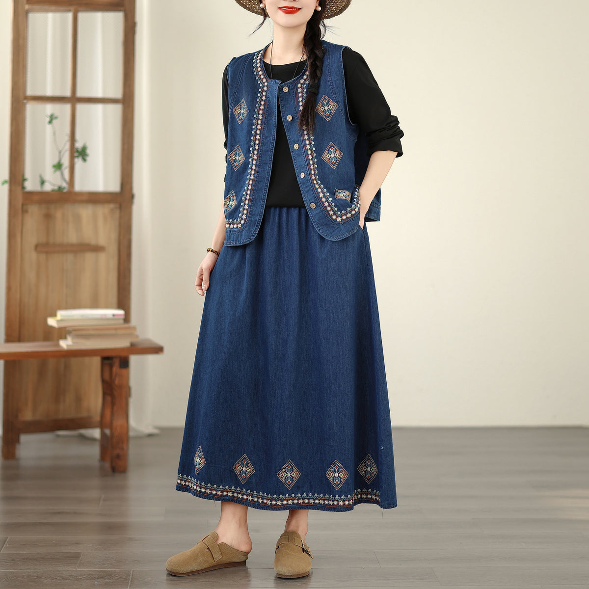 Women's Embroidered Elastic Waist Denim Jean Maxi Skirt Pocket - LAI MENG FIVE CATS