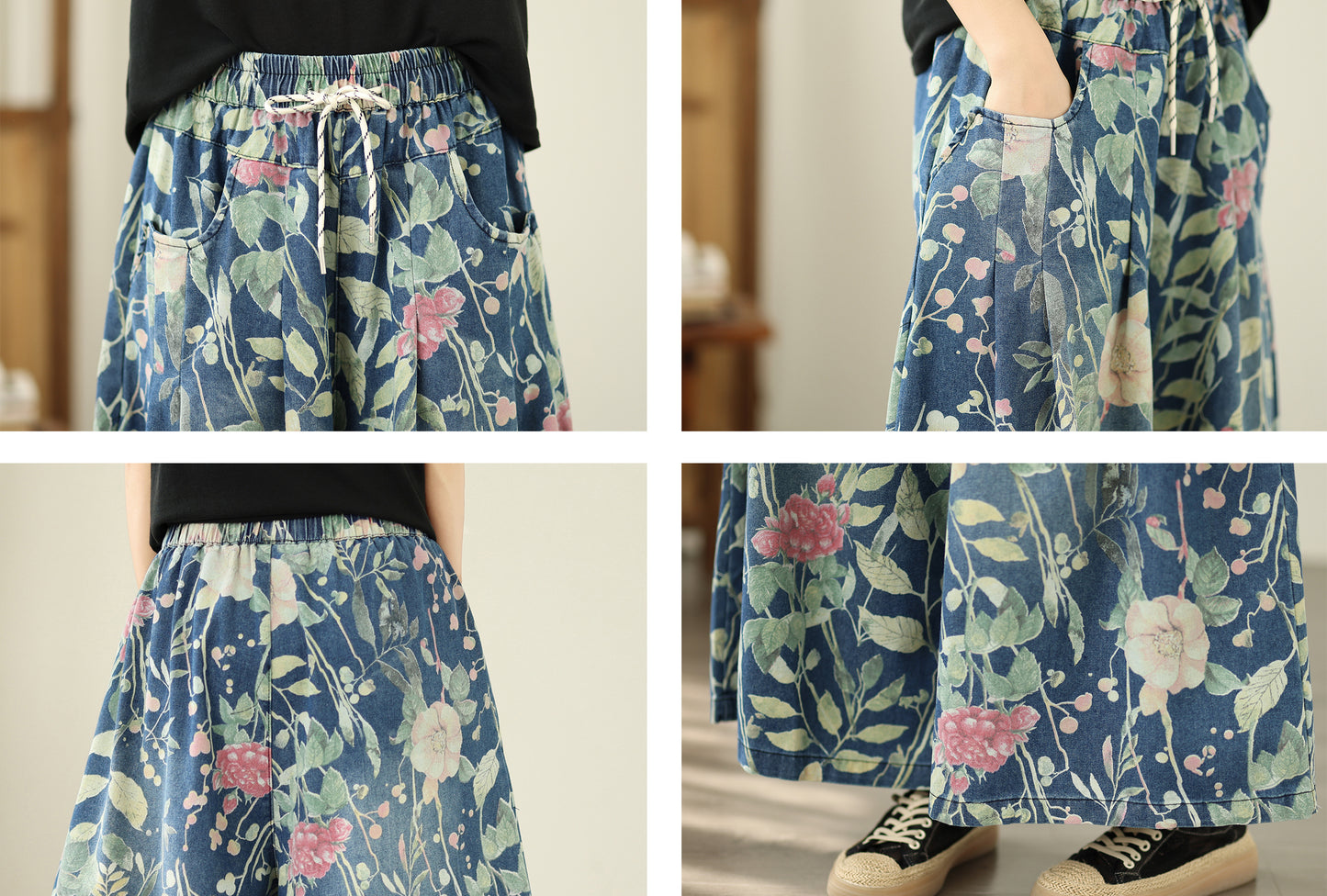 Women's Wide Leg Jeans Baggy Floral Wasited Elastic Pants - LAI MENG FIVE CATS