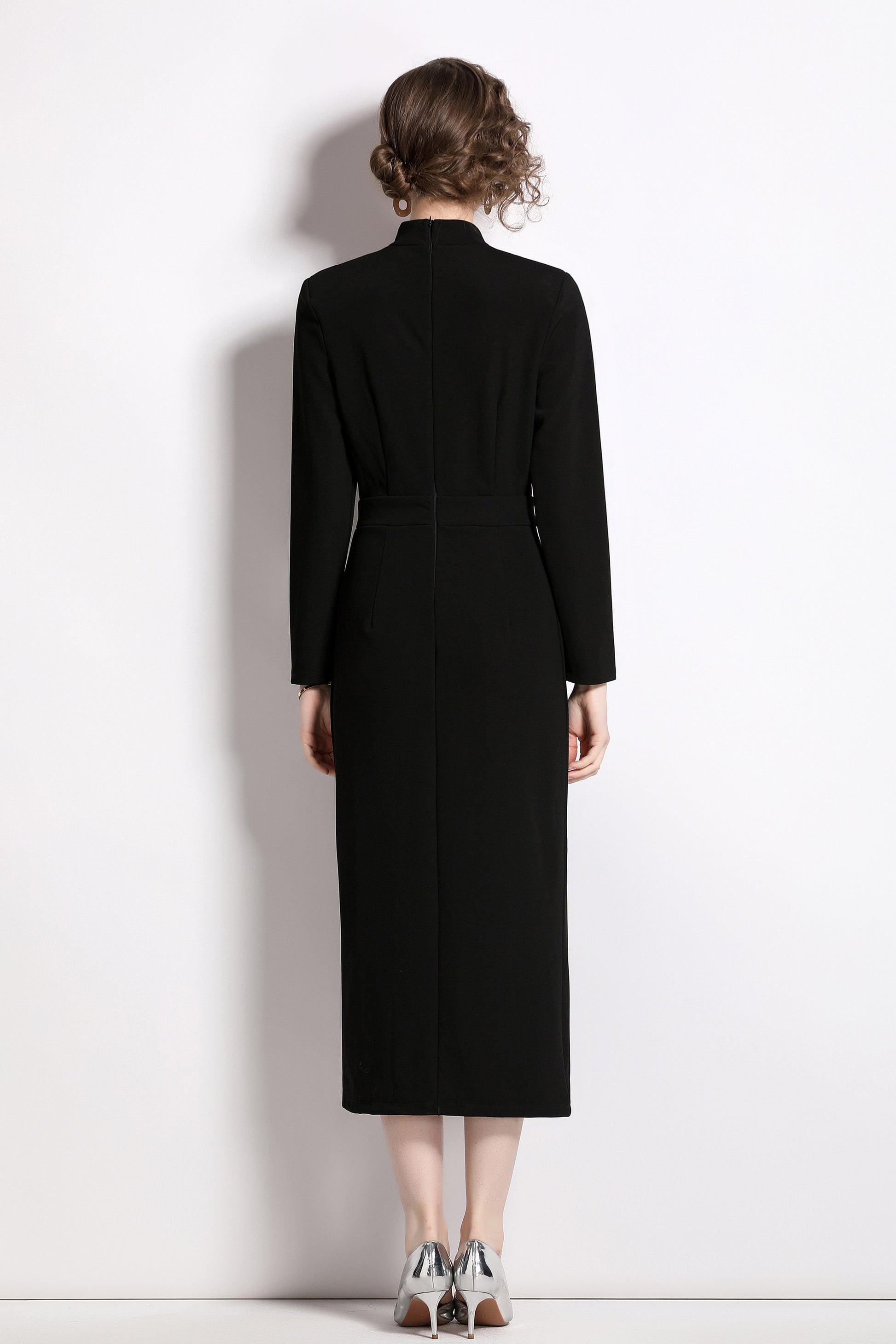 BK- butterfly knot Long sleeve button split hem dress with pocket - LAI MENG FIVE CATS