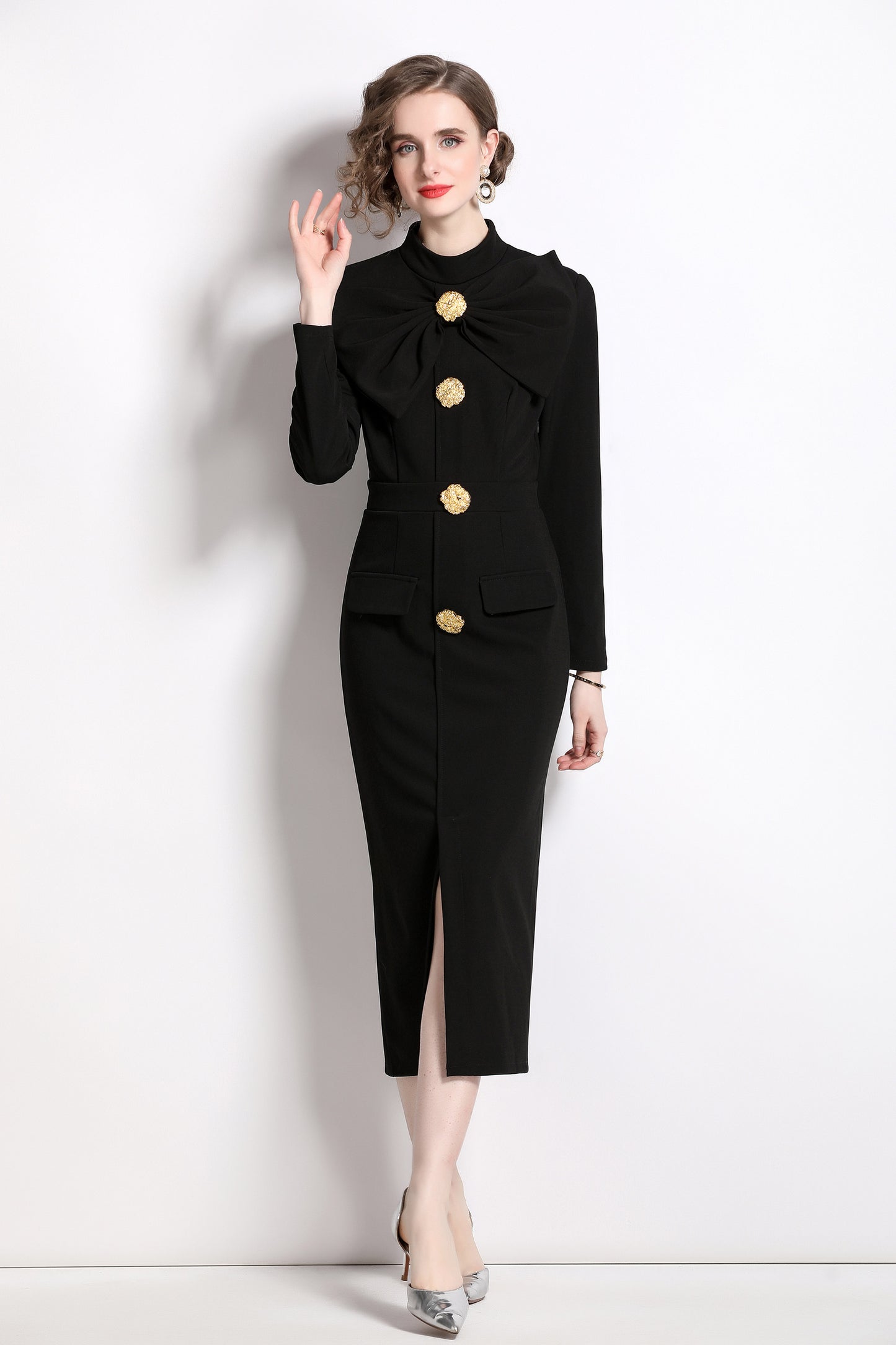 BK- butterfly knot Long sleeve button split hem dress with pocket - LAI MENG FIVE CATS